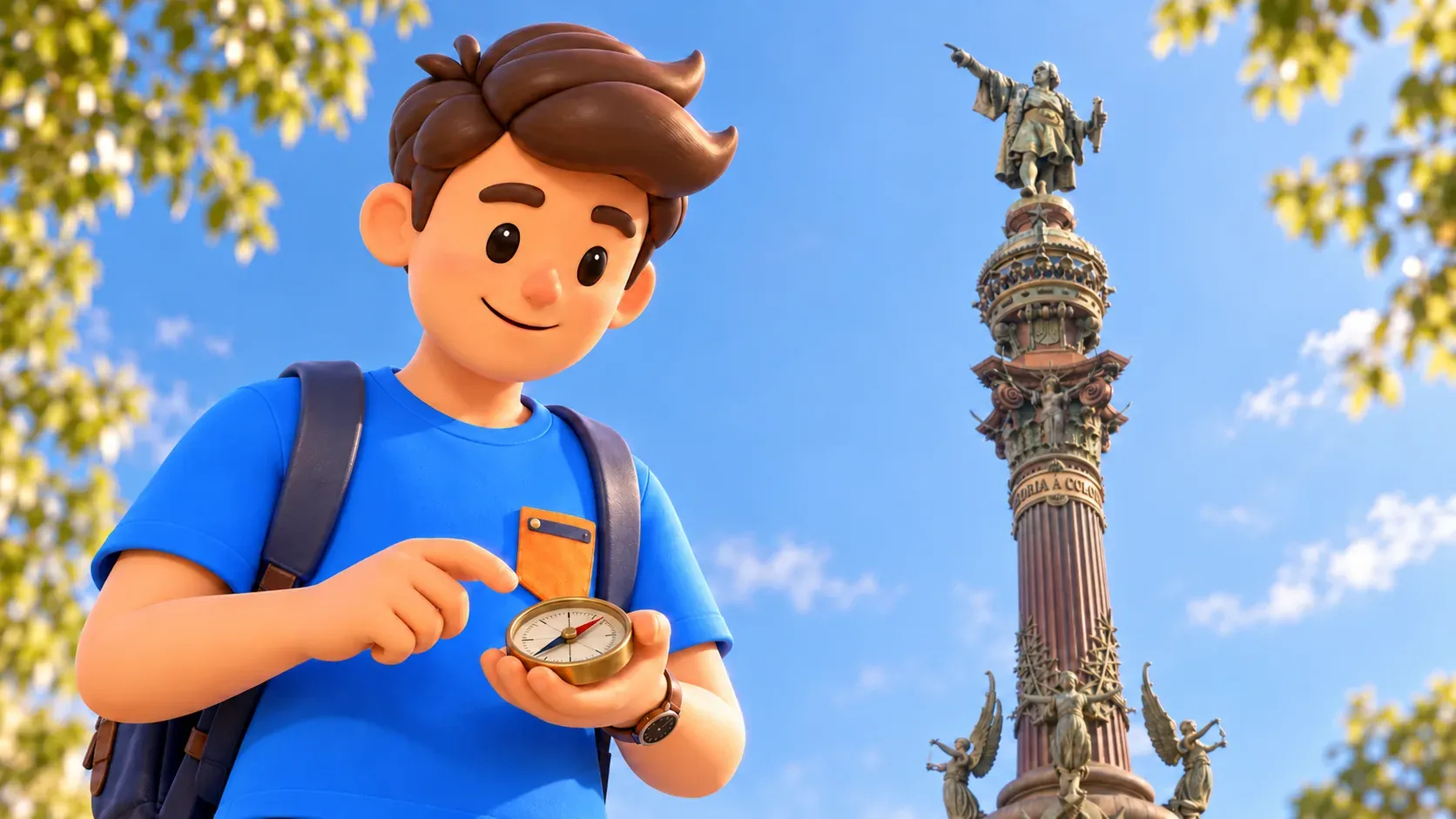 Illustrative scene of a traveller holding a compass beneath the upper part of the Columbus Monument.