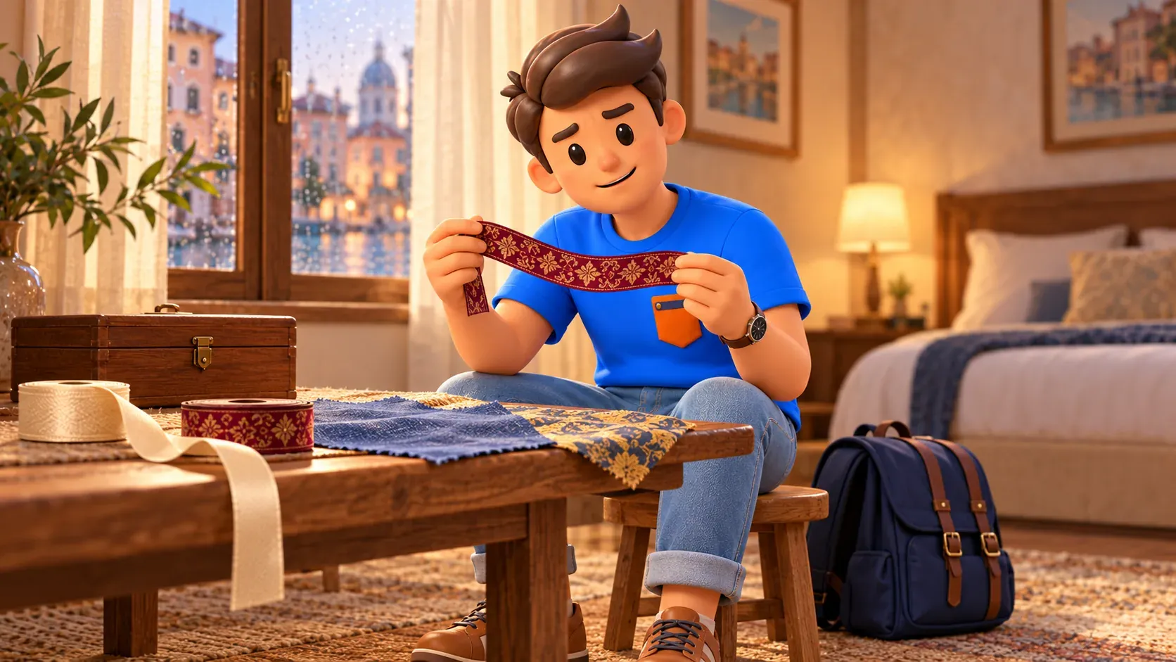 Conceptual illustration of examining a personal modern woven ribbon and fabric samples at the accommodation