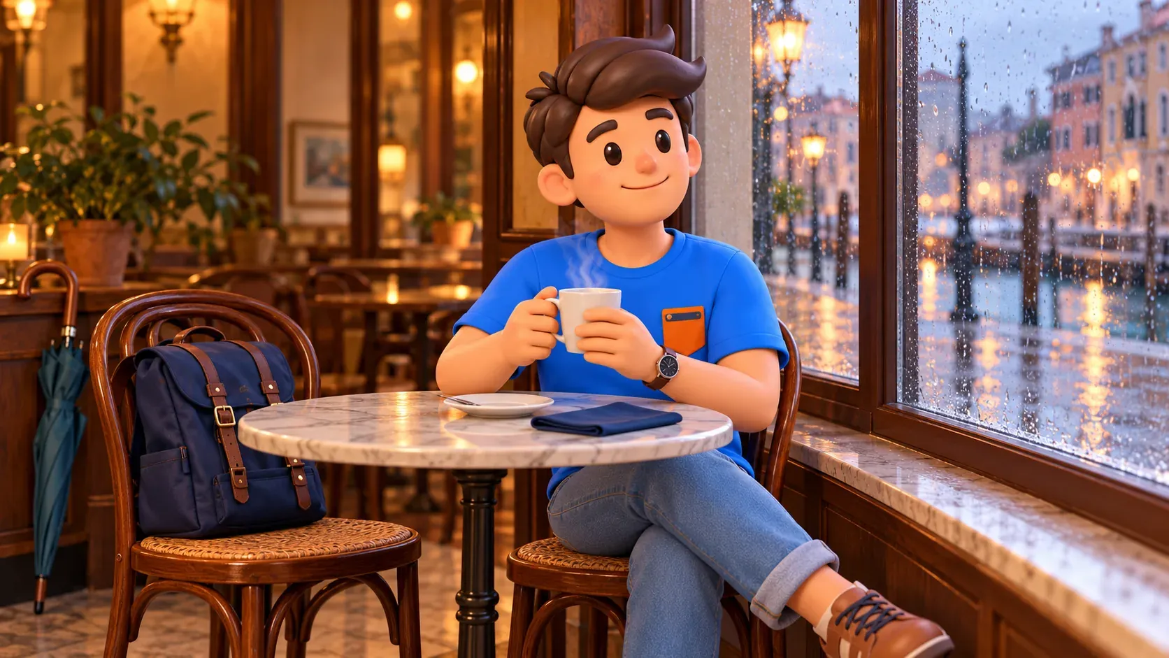 Conceptual illustration of resting with a hot drink beside a rainy window in an unnamed Venetian café