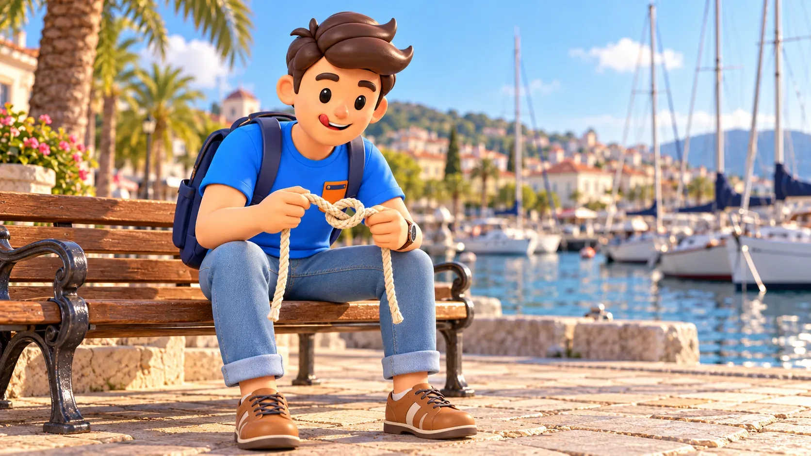 Scène maritime illustrée d’un voyageur examinant un nœud sur une courte corde, assis sur un banc du port.