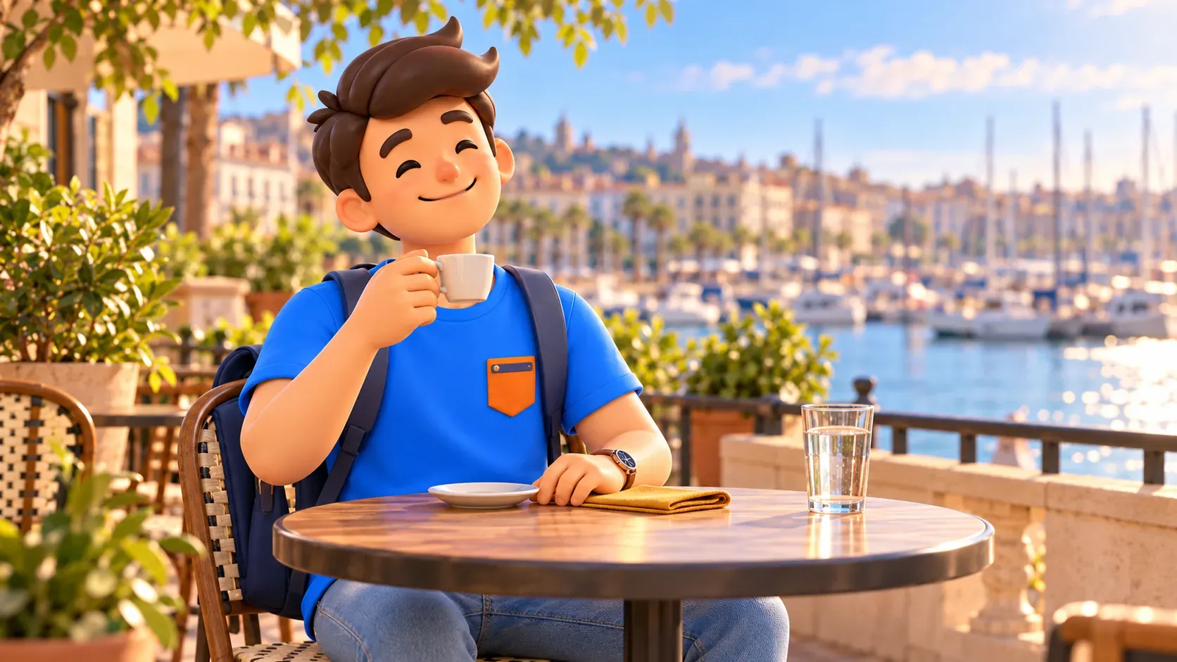 Scène illustrée d’un voyageur prenant un café au calme sur une terrasse près du port.