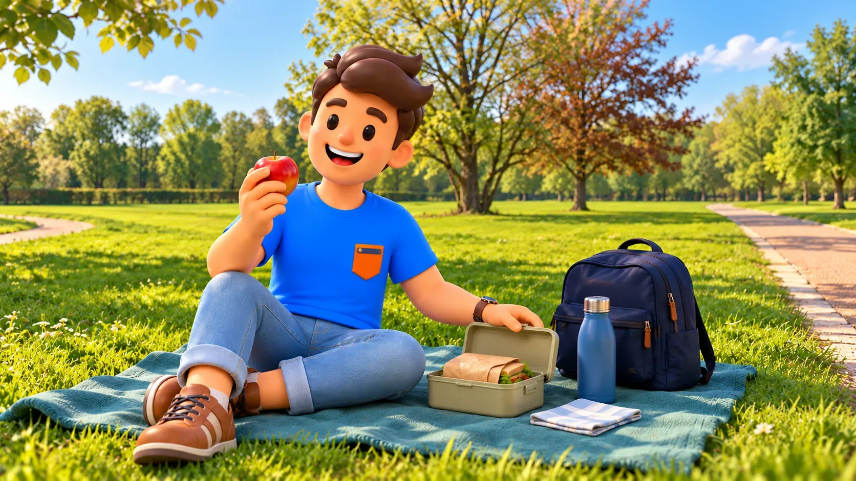 Illustration eines Reisenden auf eigener Decke mit Apfel, Brotdose und Rucksack neben einem Wiesenweg.