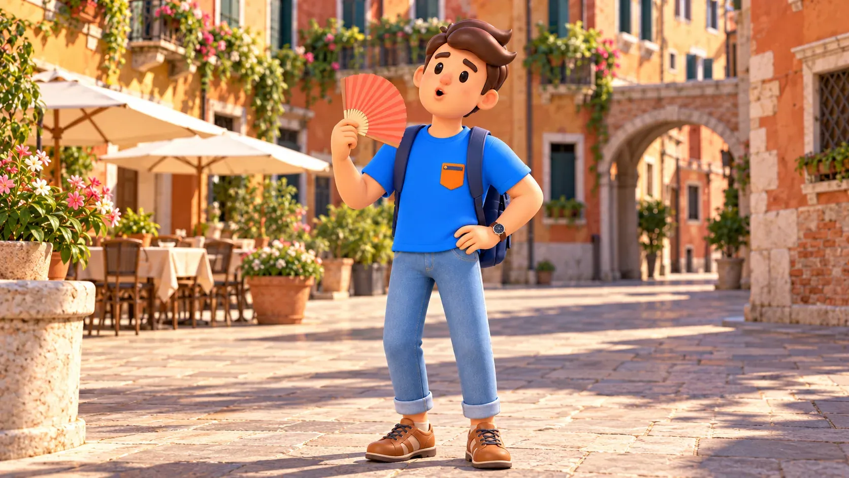 Symbolische Illustration einer kurzen Pause mit eigenem Fächer auf einem venezianischen Campo