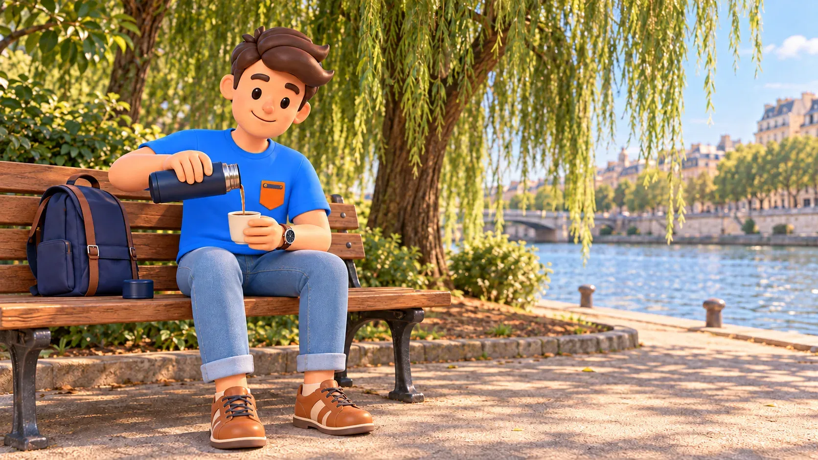 Un voyageur verse une boisson d’un thermos pendant une pause près de la Seine