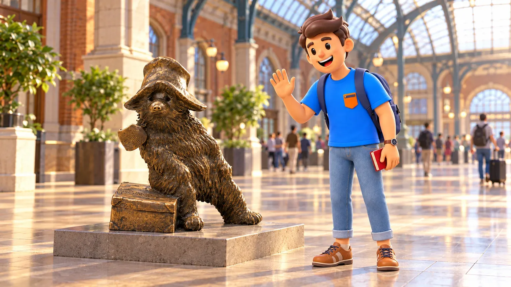Illustration eines Reisenden vor der Bronzefigur Paddington in einer künstlerisch gestalteten Bahnhofshalle