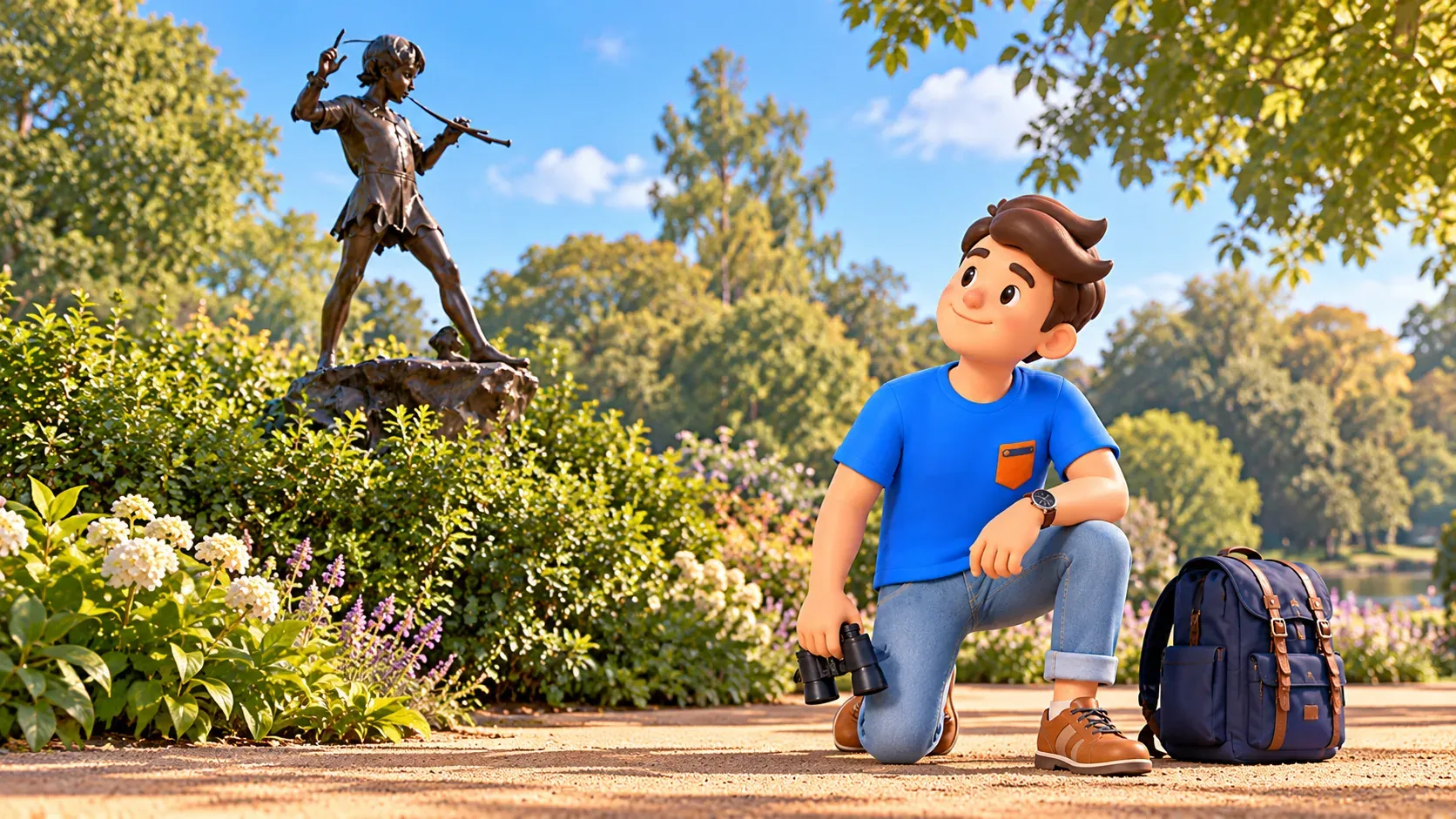 Illustration eines Reisenden mit Fernglas beim erkennbaren oberen Teil der Peter-Pan-Statue im Grünen