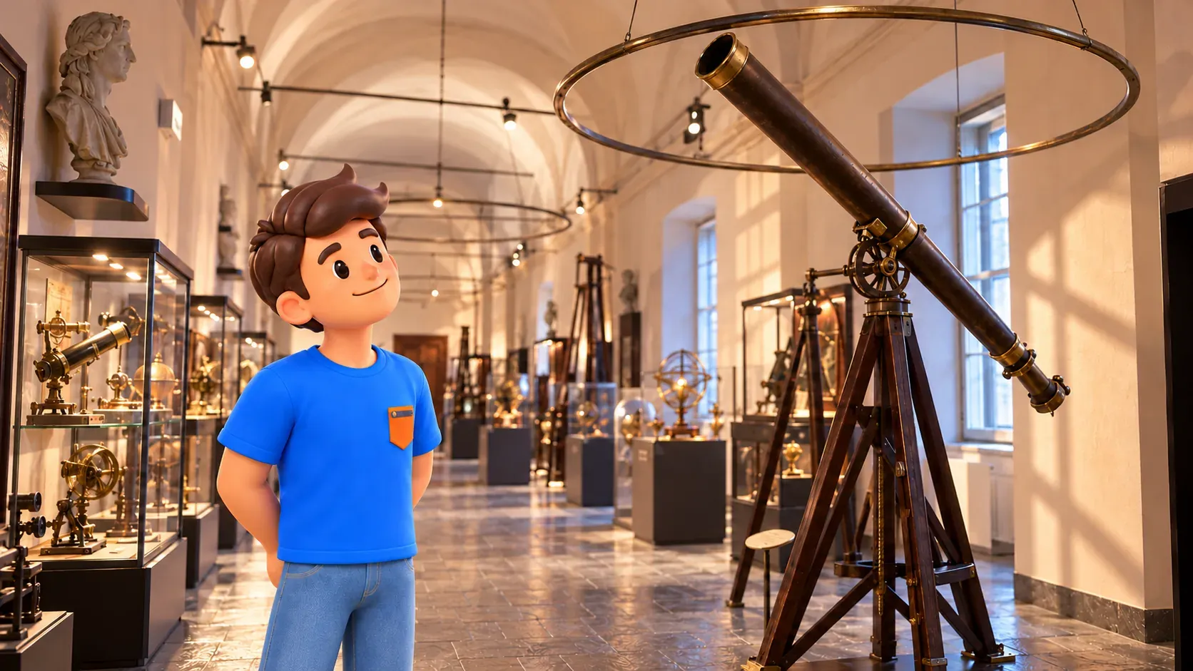 Illustration d’un voyageur dans la galerie du MusAB Brera, près d’un télescope ancien sur trépied de bois et d’anneaux suspendus.