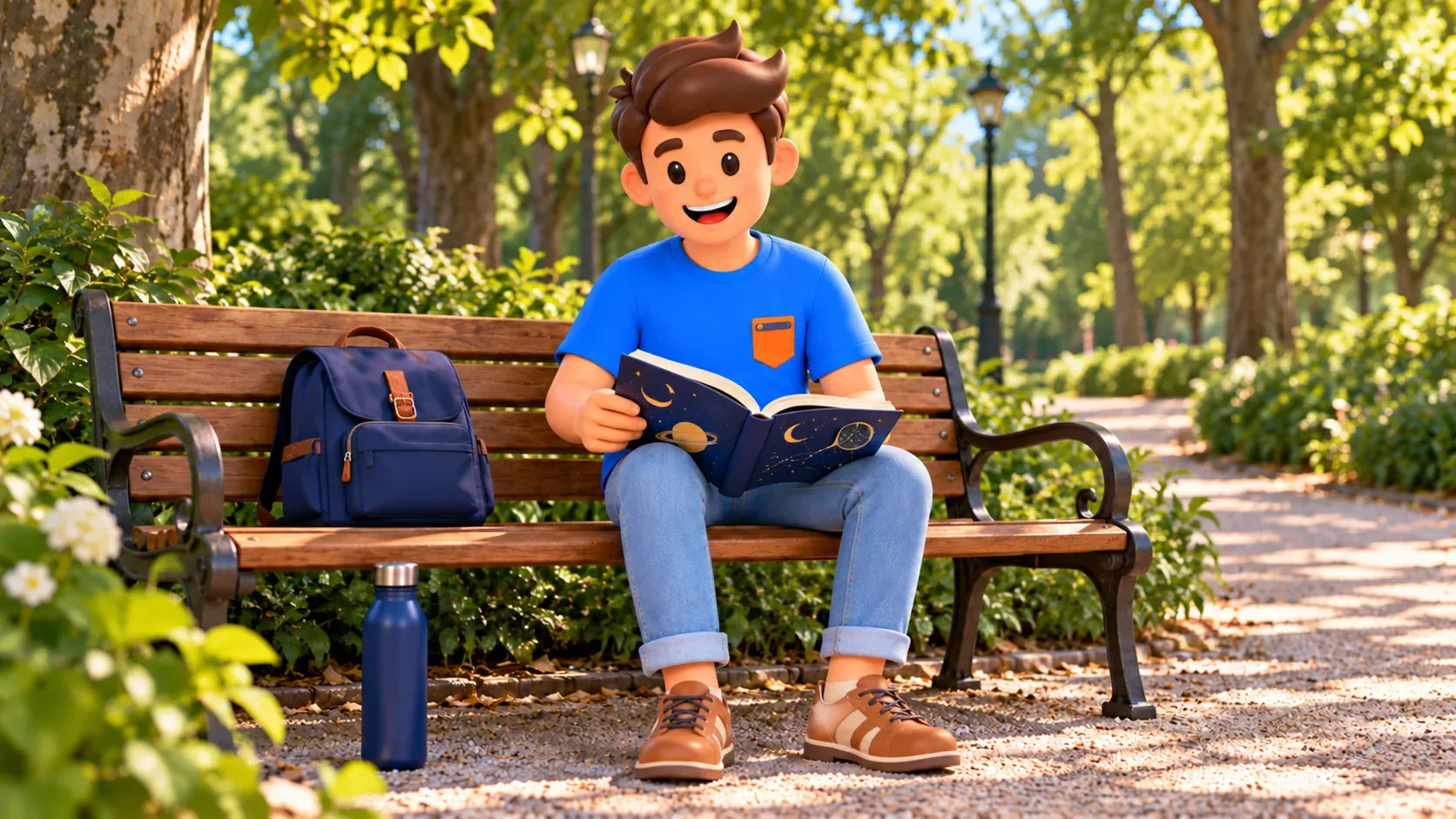 Illustration d’un voyageur avec un livre d’astronomie sur un banc de parc imaginaire, son sac à côté et une bouteille fermée au sol.