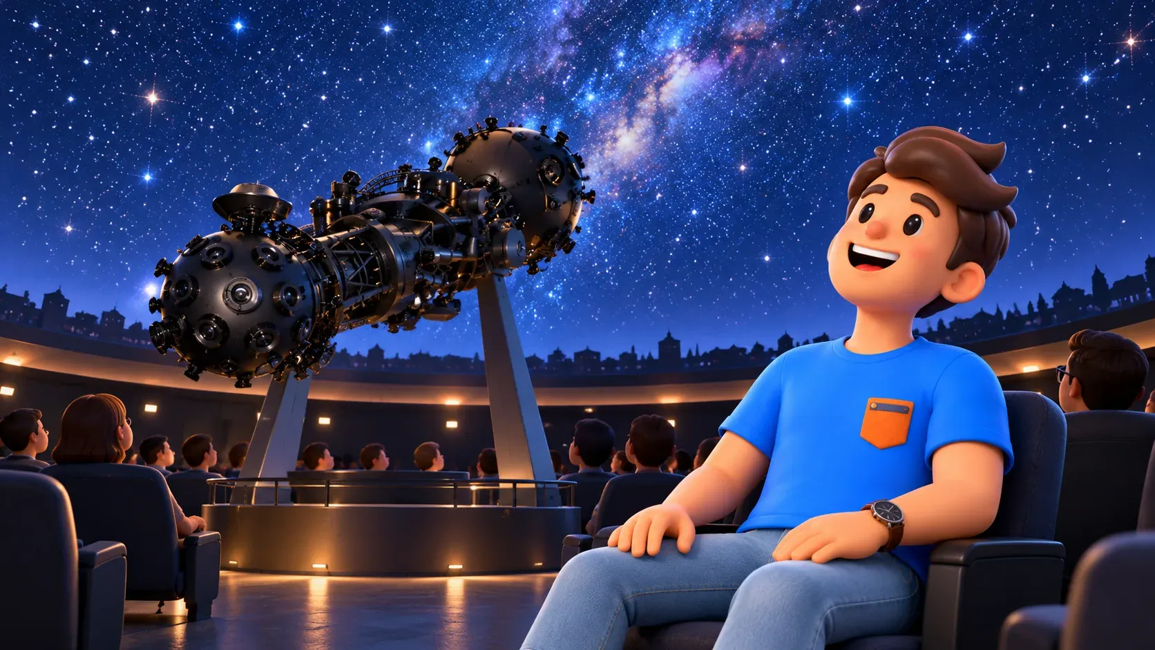Illustration d’un voyageur assis sous les étoiles projetées du planétarium, près du projecteur optique à deux sphères.
