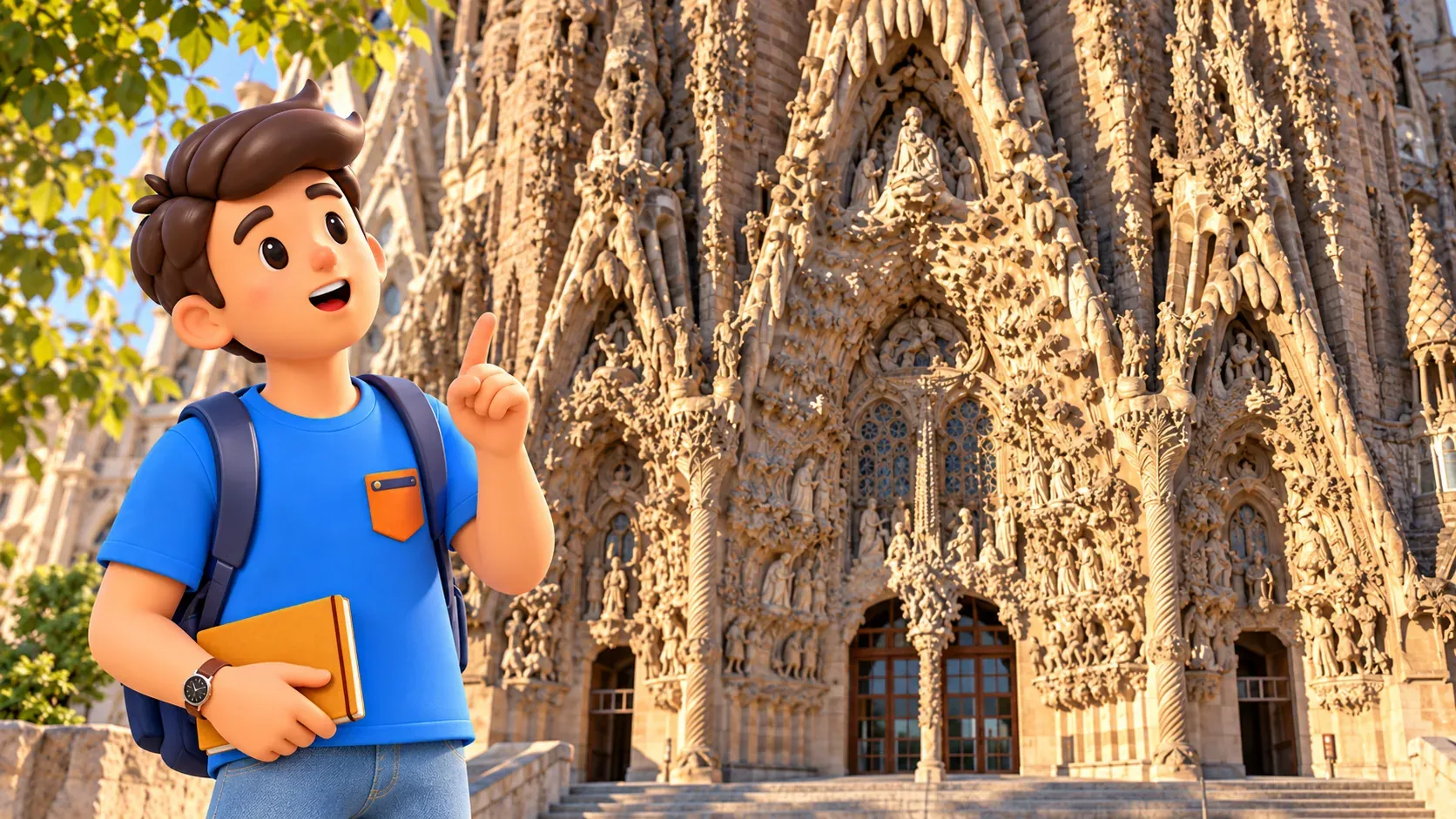 Illustrative scene of a traveller noticing a detail on the Sagrada Família’s Nativity façade.