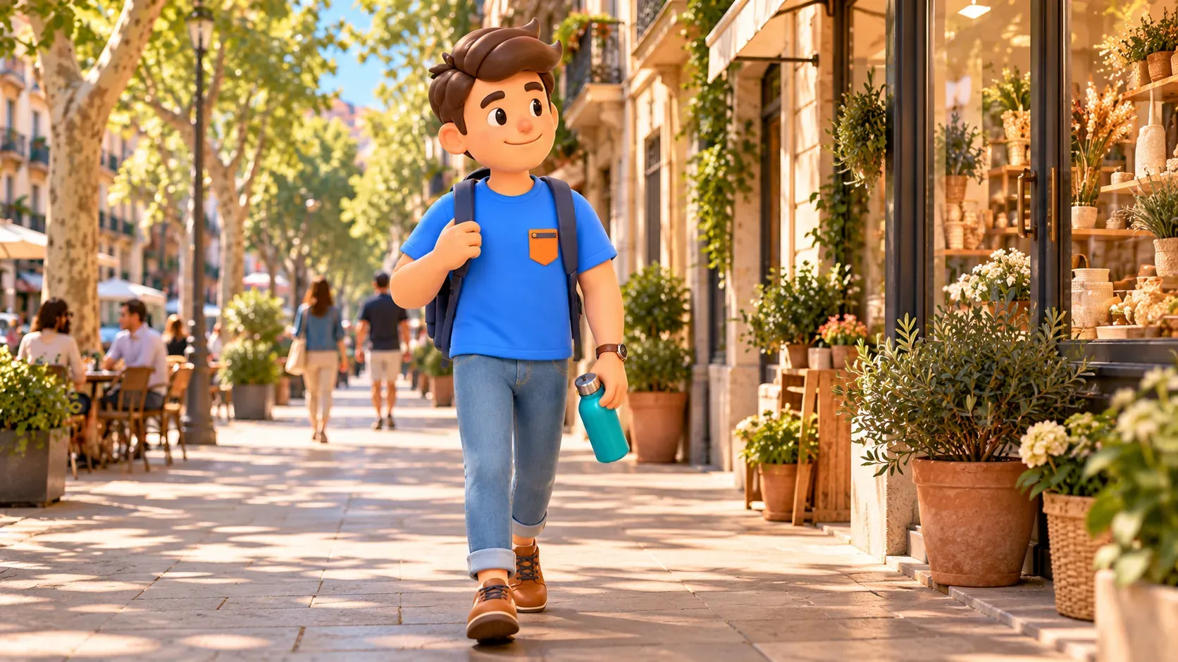 Generic illustrative street scene of a traveller with a water bottle walking past shop windows on a leafy promenade.