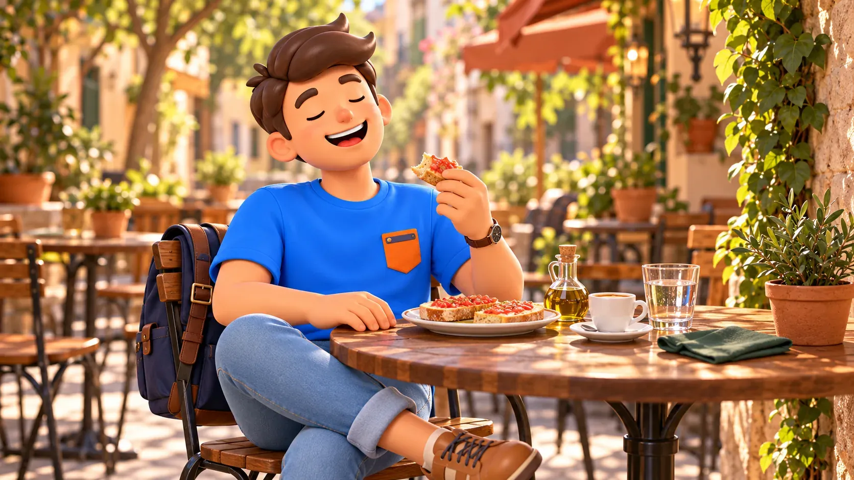 Generic illustrative café pause with a traveller enjoying tomato bread, coffee and a glass of water.