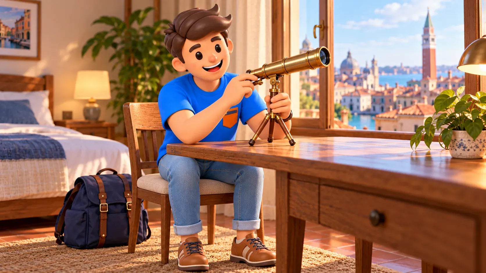 Ilustración conceptual de la observación de un telescopio de mesa moderno propio en el alojamiento