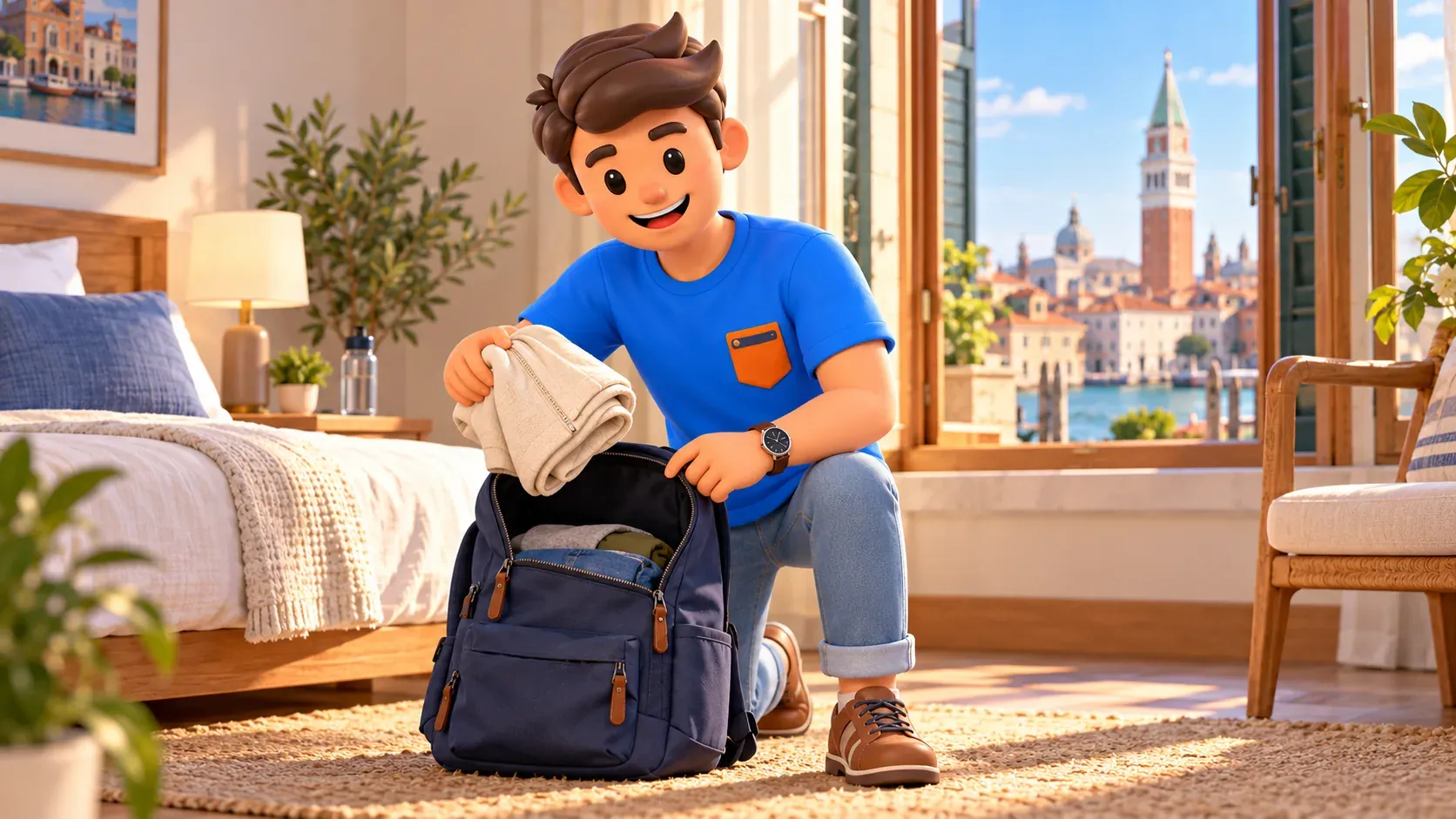 Ilustración conceptual de la preparación de una mochila propia para una visita urbana breve