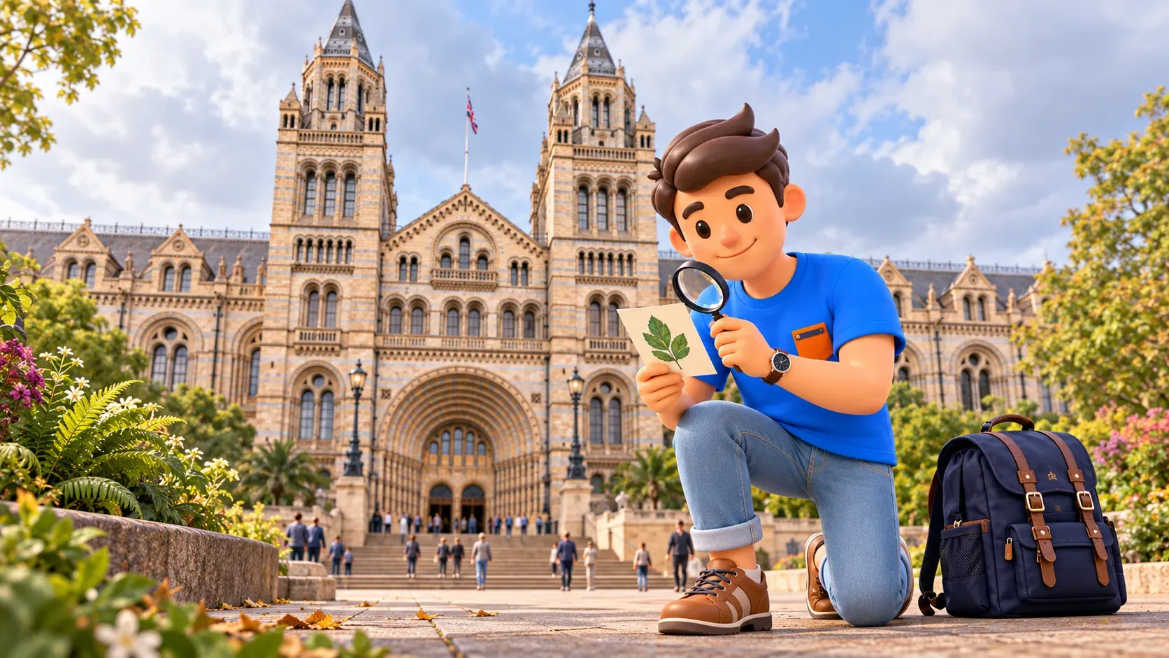 Illustration d’un voyageur observant son dessin de feuille à la loupe devant le Natural History Museum