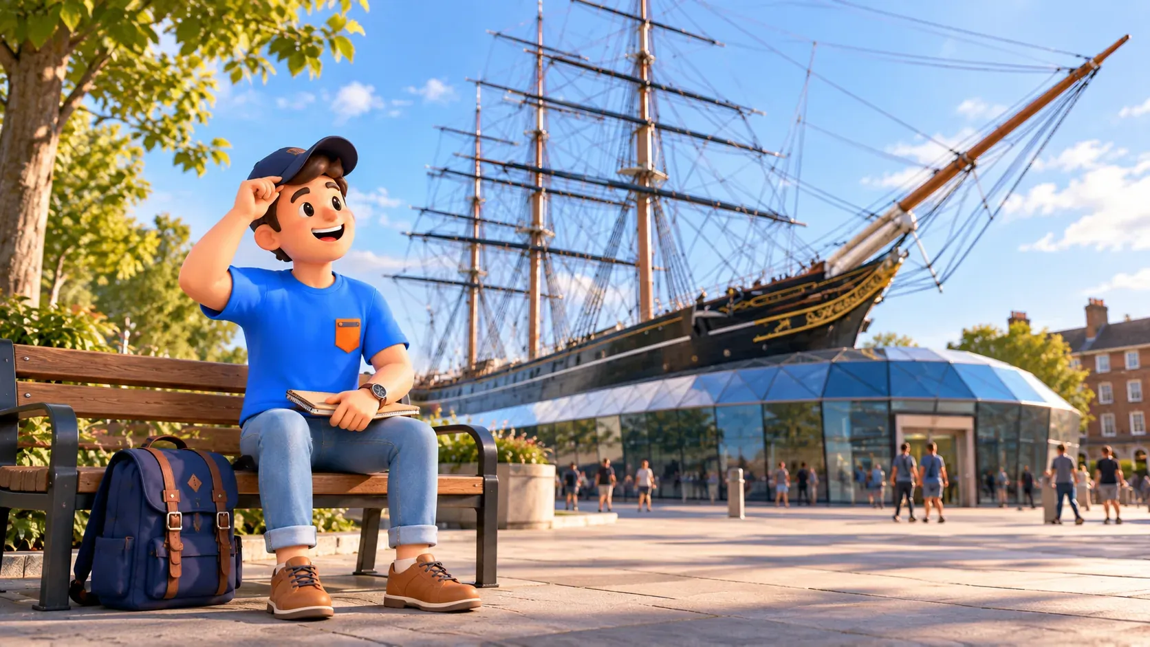 Illustration d’un voyageur sur un banc devant la coque noire et le gréement du Cutty Sark au-dessus de sa structure vitrée