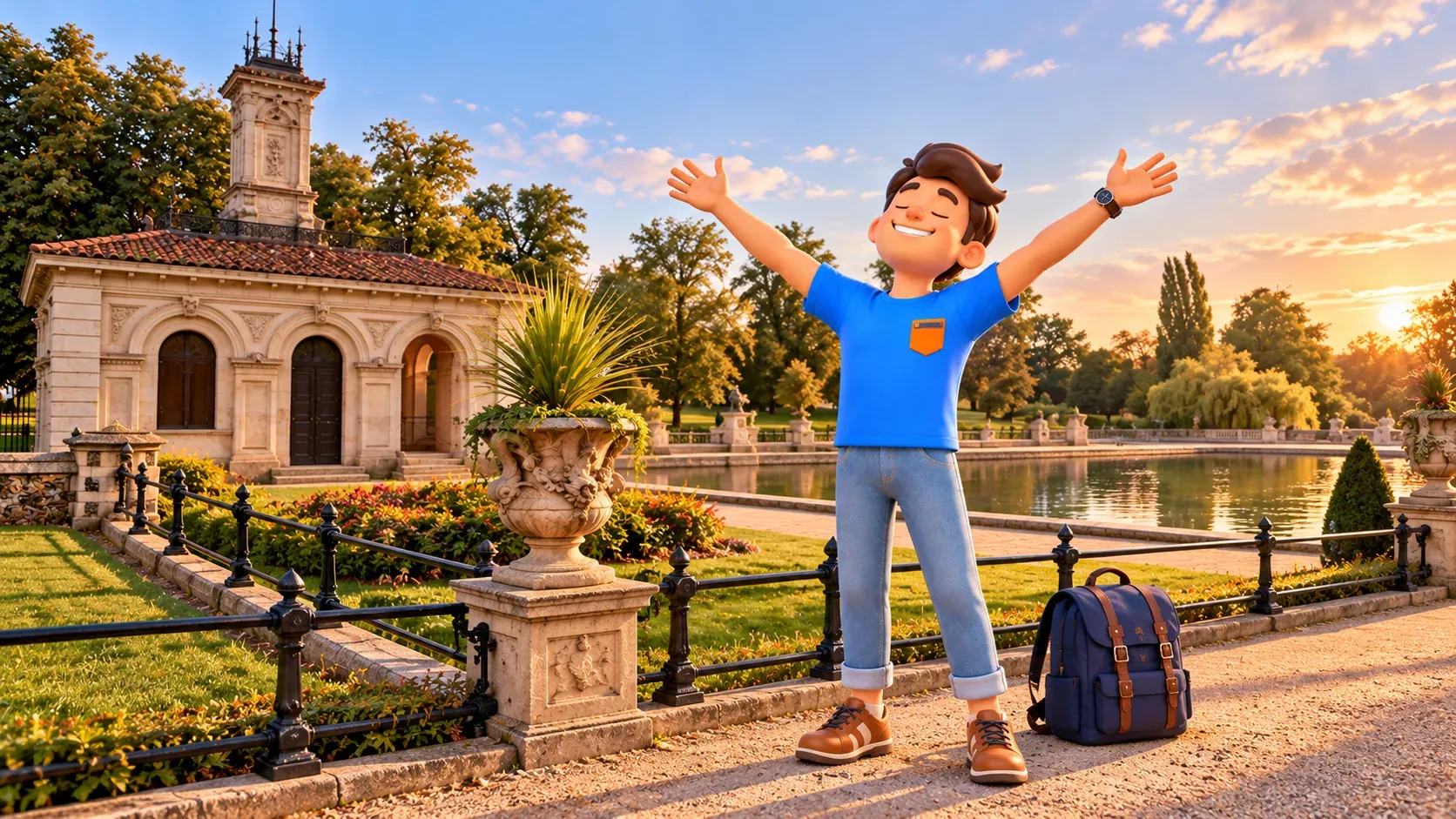 Illustration d’une pause aux Italian Gardens : un voyageur s’étire près des bassins et de la Pump House