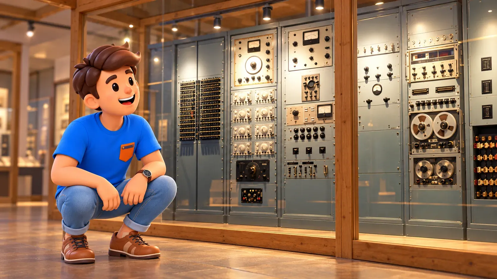 Illustration d’un voyageur accroupi devant les appareils analogiques et magnétophones du studio Rai présentés derrière une vitre.
