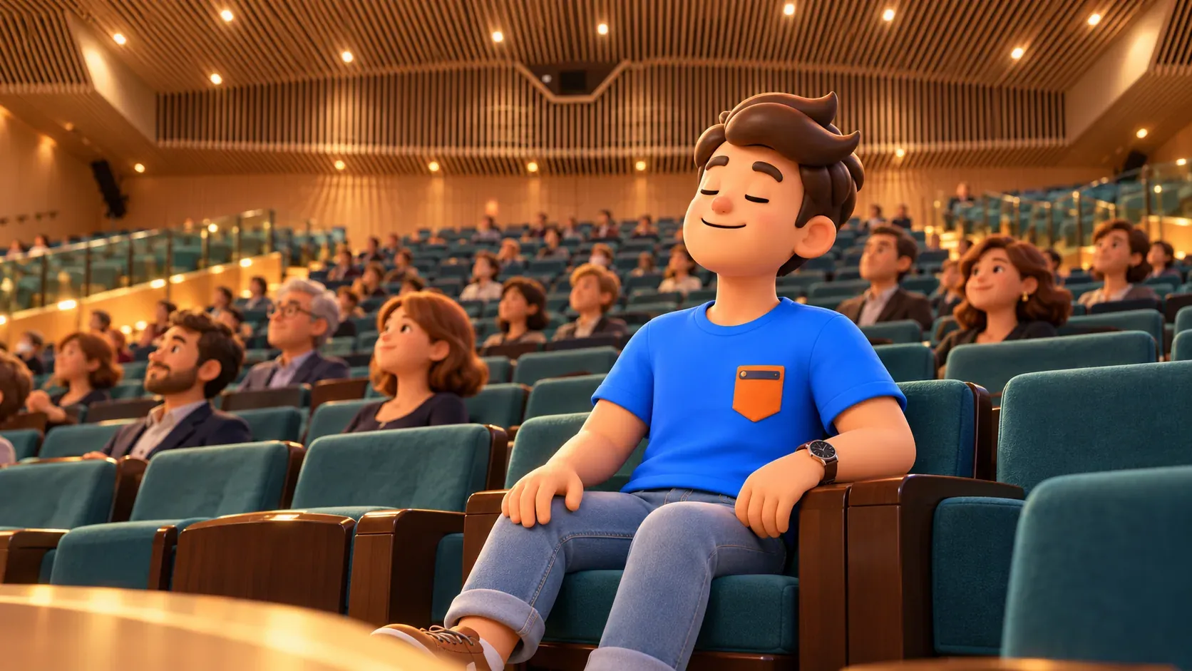 Illustration d’un voyageur écoutant les yeux fermés dans un fauteuil vert de l’auditorium moderne en bois de Dal Verme.