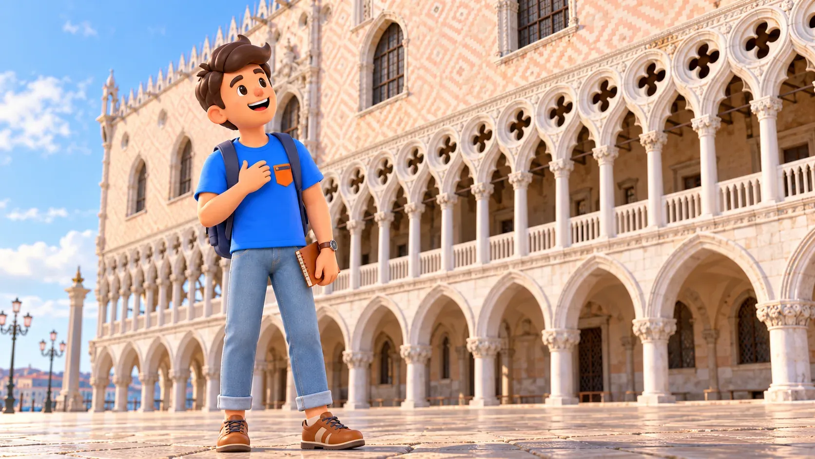 Ilustración conceptual de la observación de la fachada del Palacio Ducal desde la Piazzetta pública