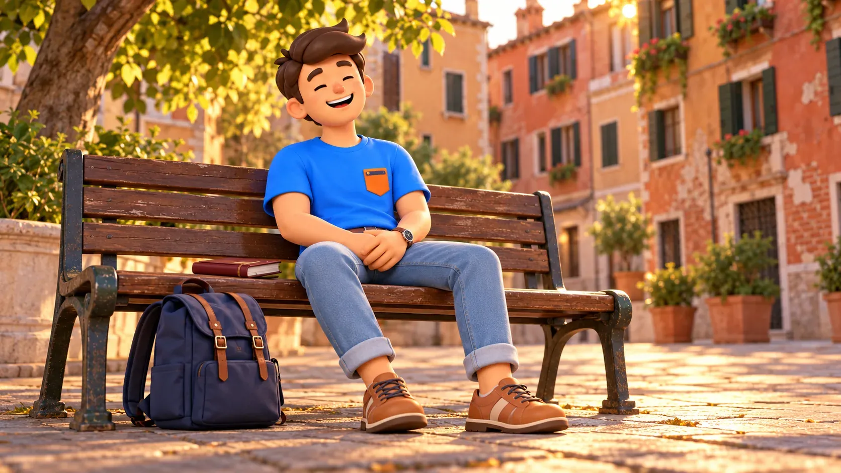 Ilustración conceptual de un descanso tras una visita en un banco público corriente de Venecia
