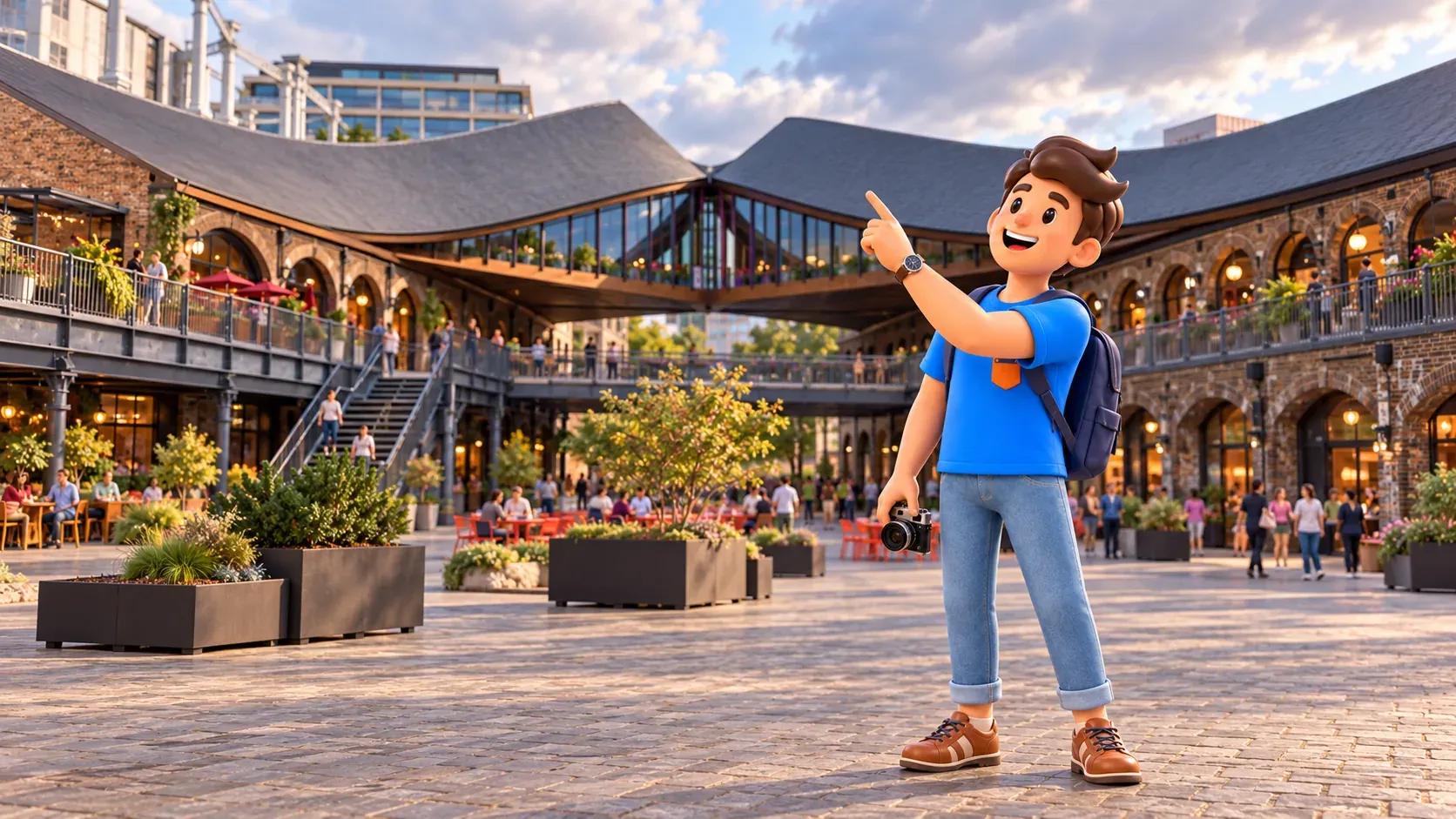 Illustration d’un voyageur avec un appareil photo observant les toitures courbes de Coal Drops Yard