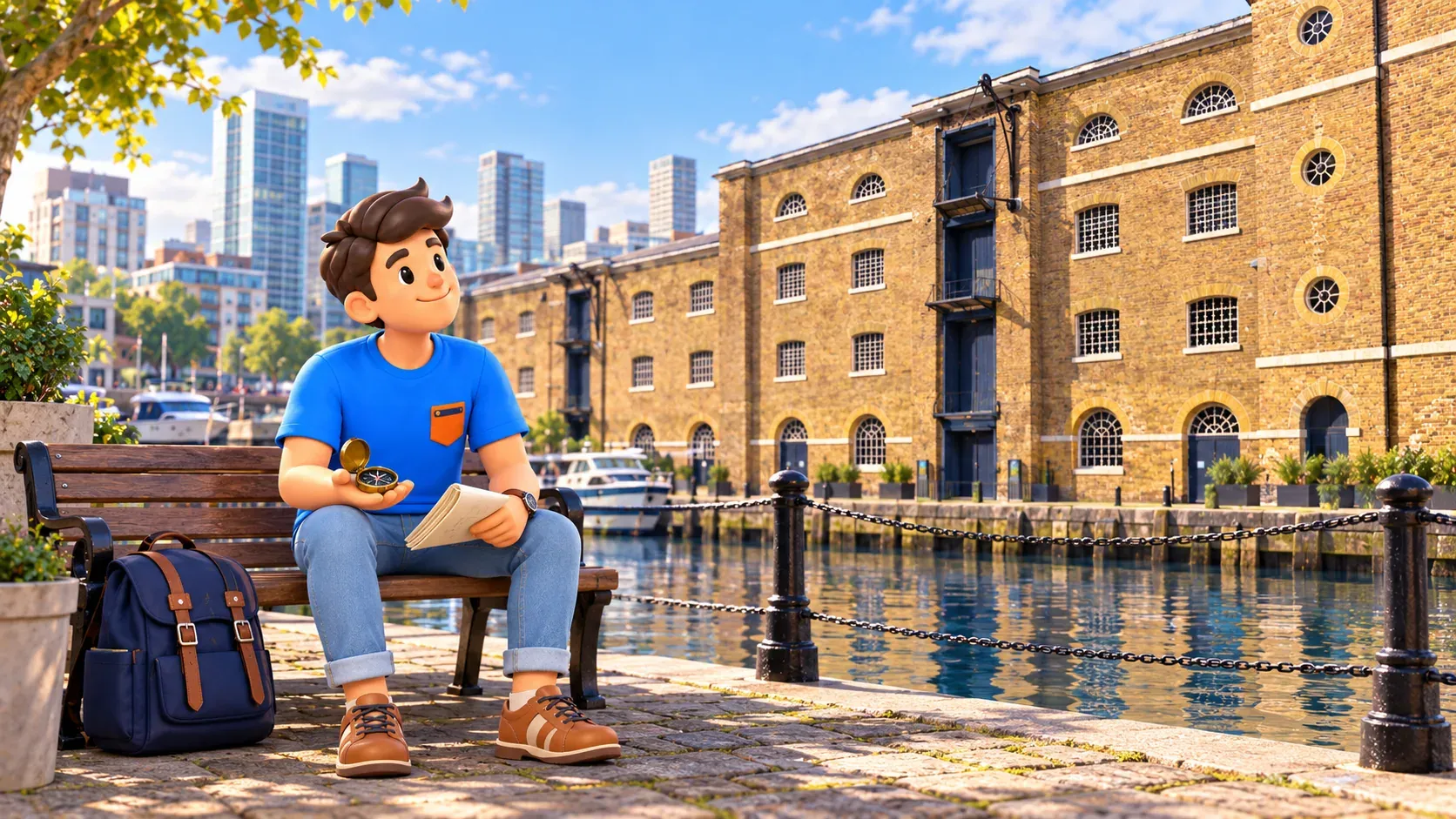 Illustration d’un voyageur avec une boussole sur un banc face à l’entrepôt en brique du musée des Docklands