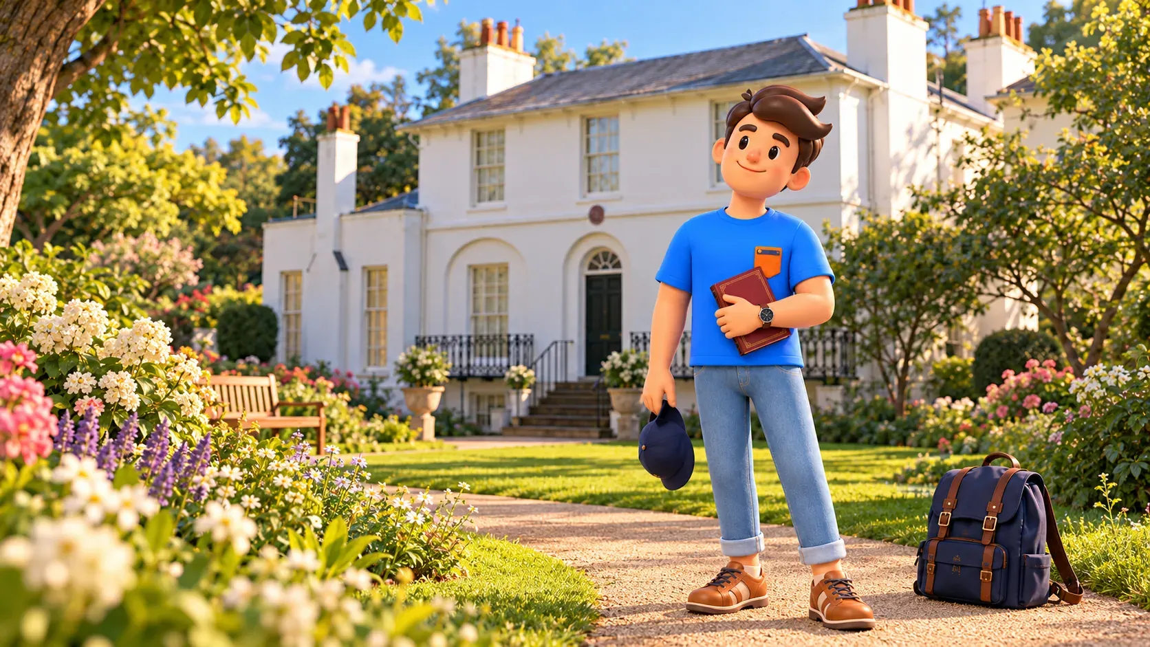 Illustration d’un voyageur avec un livre fermé et une casquette dans le jardin de Keats House