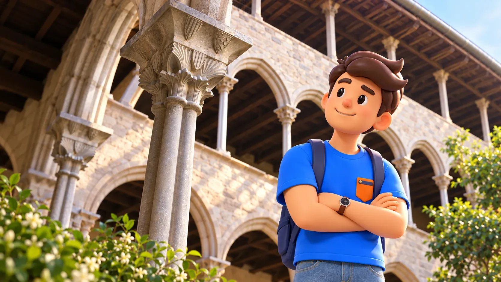 Ilustración de un viajero contemplando los capiteles y el techo de madera del claustro de Pedralbes.