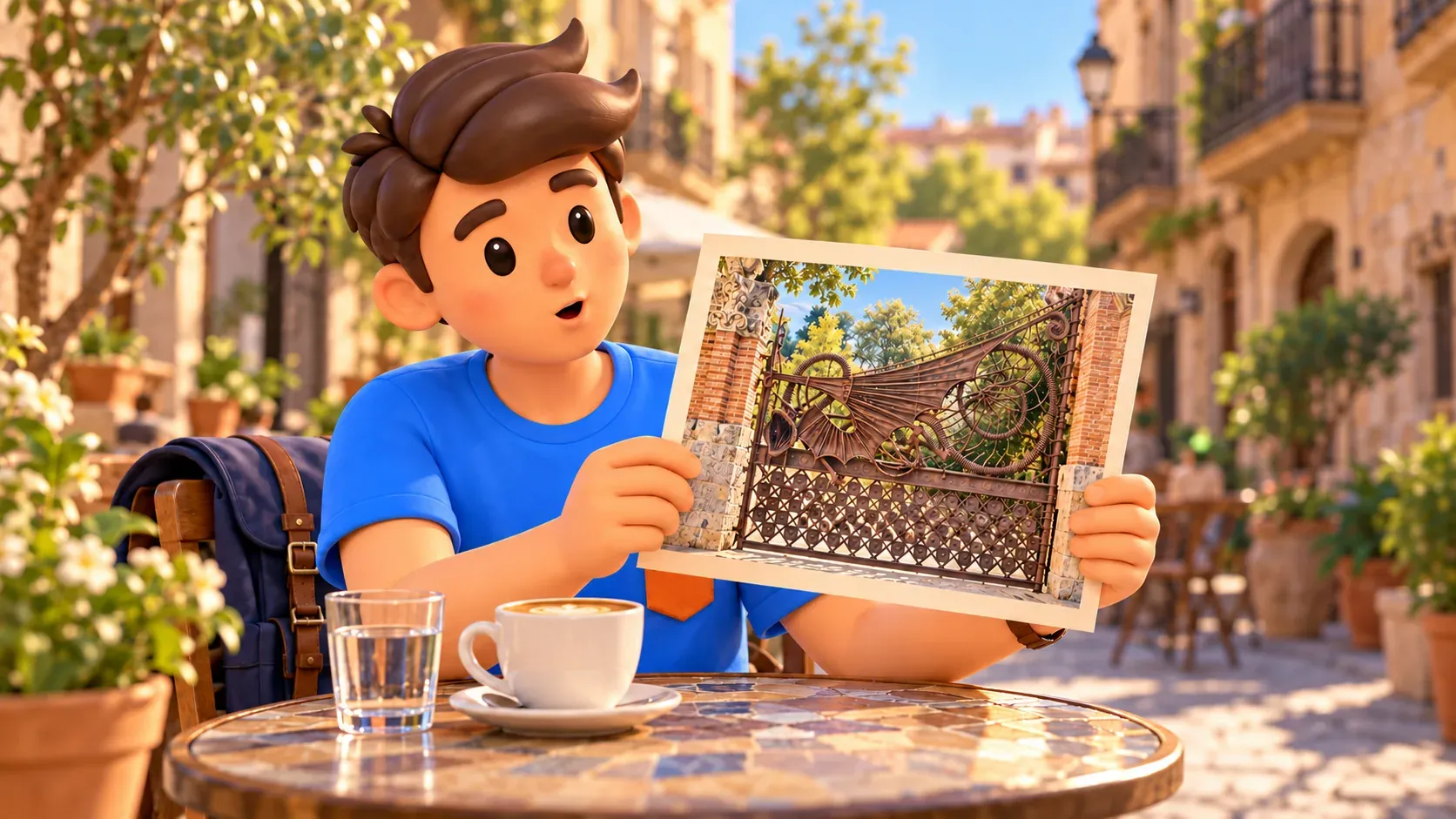 Escena ilustrada de un viajero en un café estudiando una postal de la histórica puerta del Dragón de Güell.