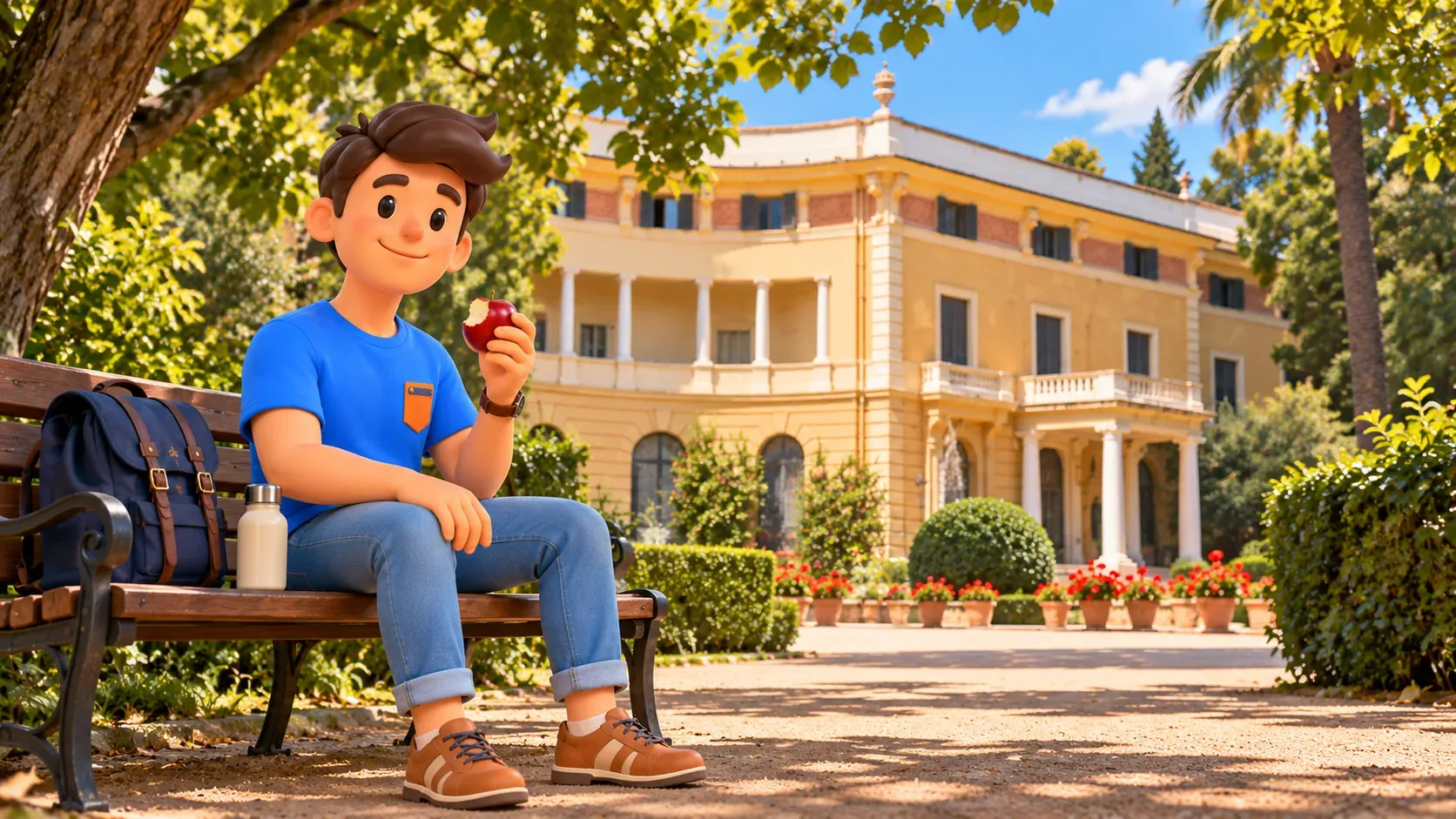 Ilustración de un viajero con una manzana en un banco del jardín ante la fachada del Palau de Pedralbes.
