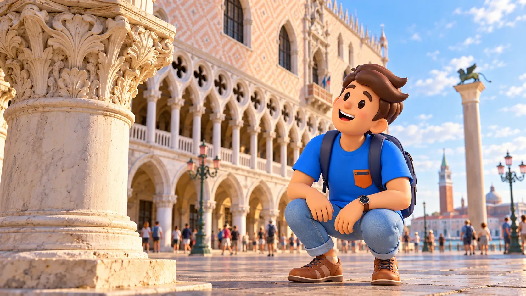 Conceptual illustration of observing stone carving against the Doge’s Palace