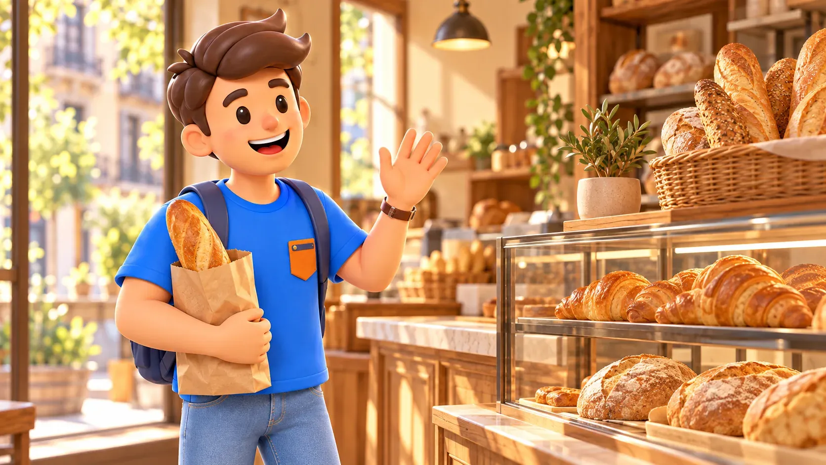 Escena ilustrada de un viajero en una panadería con una barra de pan en una bolsa de papel y un saludo.