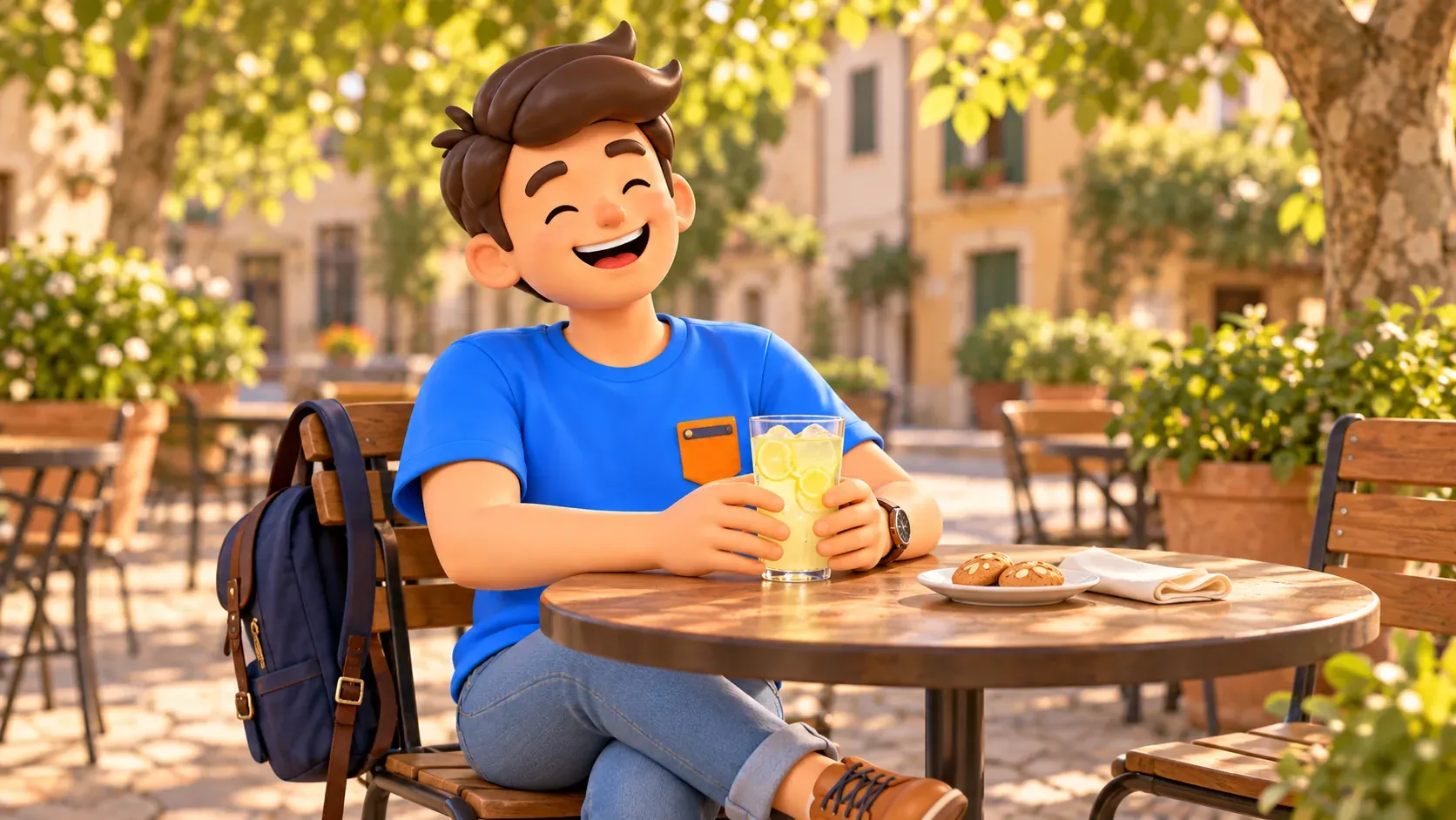 Escena ilustrada de un viajero sonriente con un vaso de limonada junto a un plato de galletas.