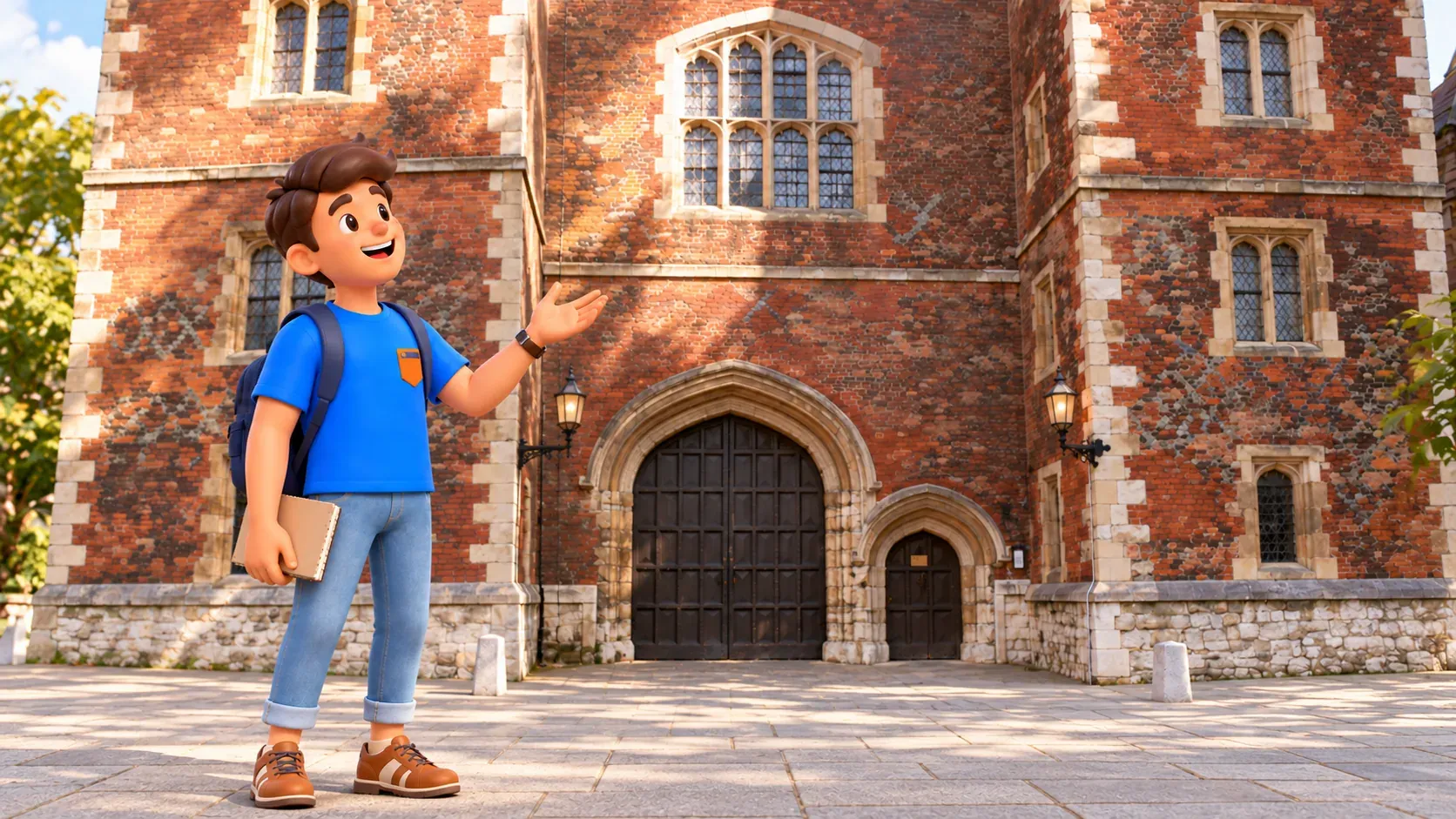 Illustration of a traveller with a notebook beside the brick gateway of Morton’s Tower at Lambeth Palace