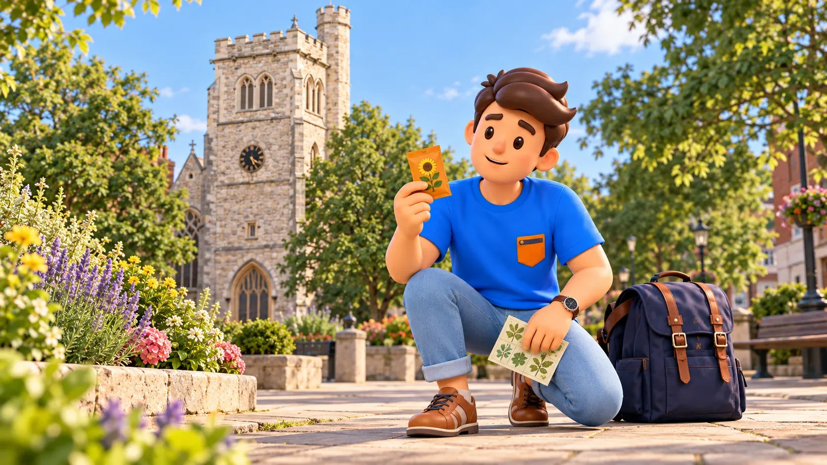 Illustration of a traveller with his own seed packet and botanical card outside the Garden Museum’s stone tower