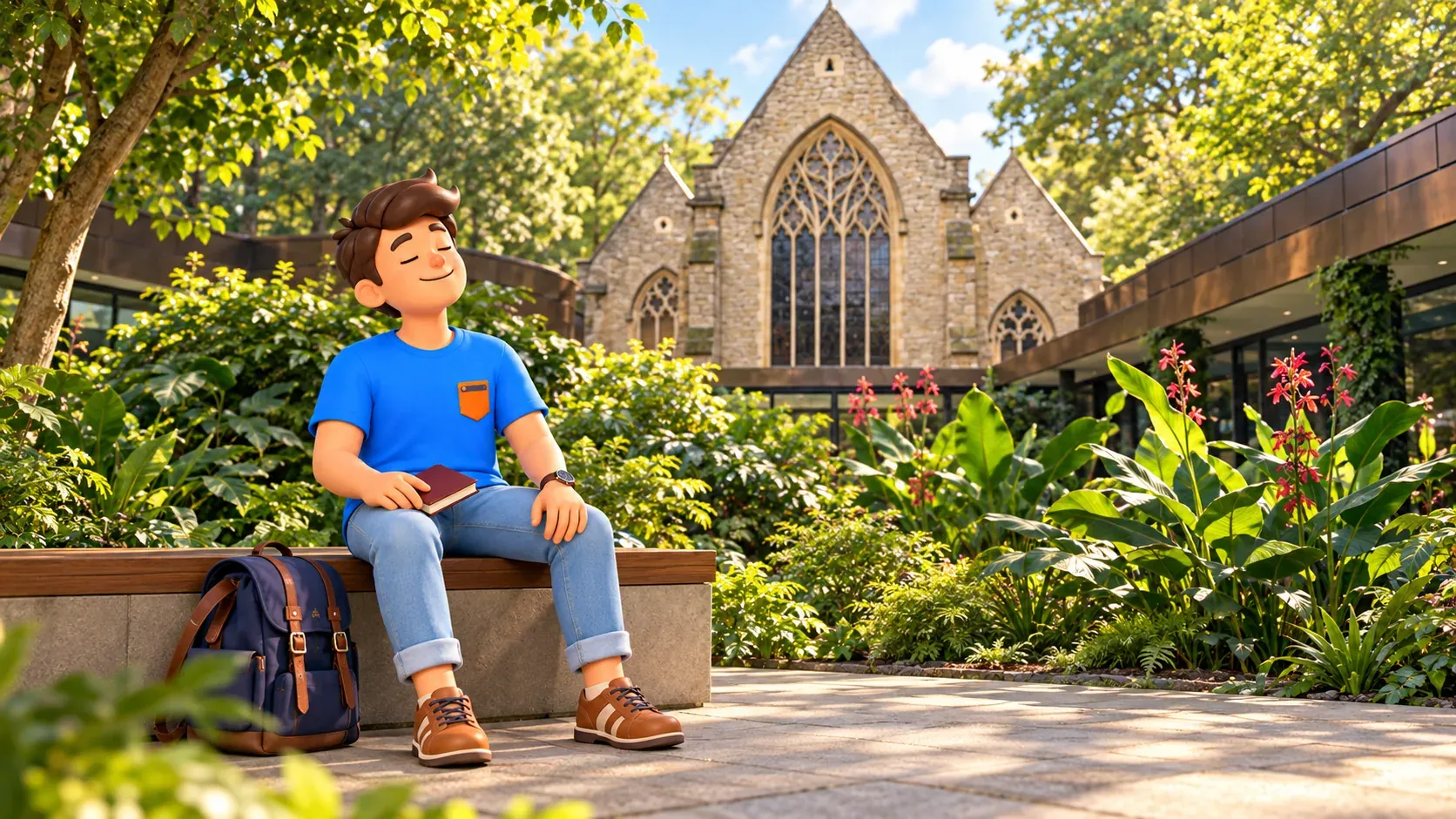 Illustration of a traveller resting among courtyard plants before the former church’s Gothic window at the Garden Museum