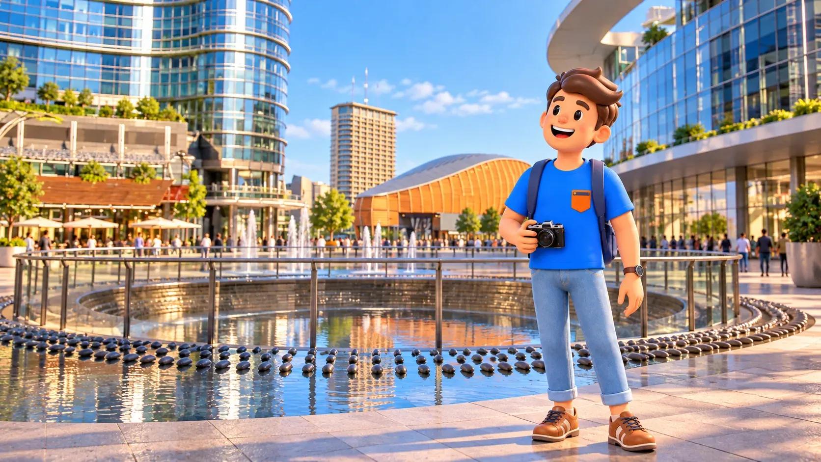 Illustration eines Reisenden mit Kamera am Wasser und den geschwungenen Glasfassaden der Piazza Gae Aulenti.