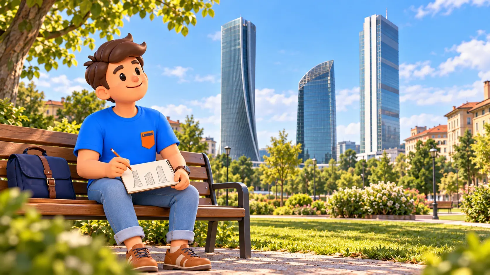 Illustration eines Reisenden, der auf einer Bank die drei unterschiedlichen Türme von CityLife in Mailand skizziert.
