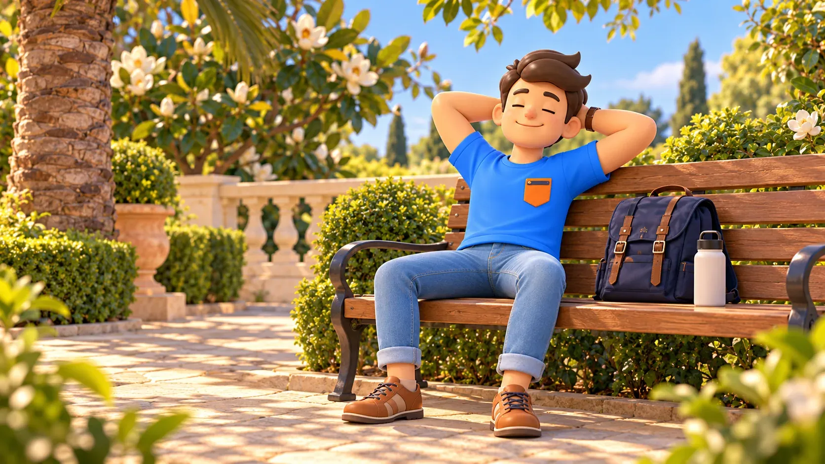Generic seasonal garden illustration of a traveller resting on a bench with his hands behind his head.