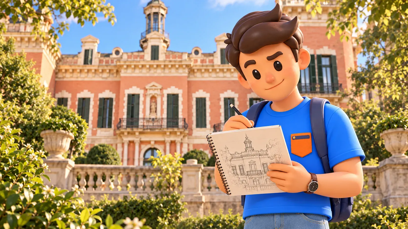 Illustration of a traveller with a pencil and a completed sketch of the Les Heures façade.