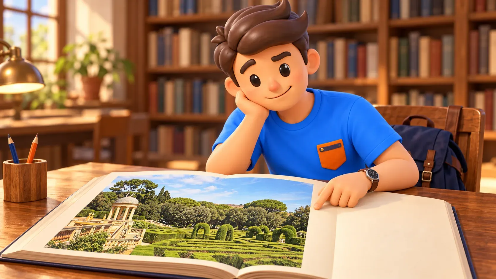 Generic library illustration of a traveller studying a historical view of Horta’s maze in an open book.