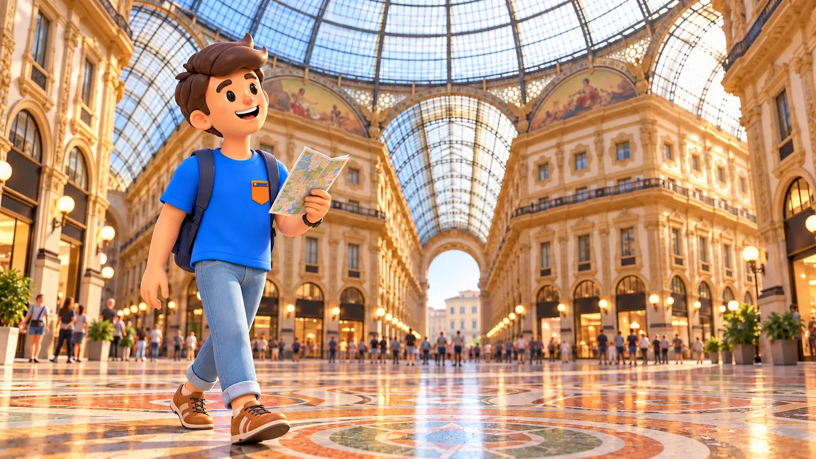 Illustration eines Reisenden mit Papierstadtplan unter der Glaskuppel der Galleria Vittorio Emanuele II.