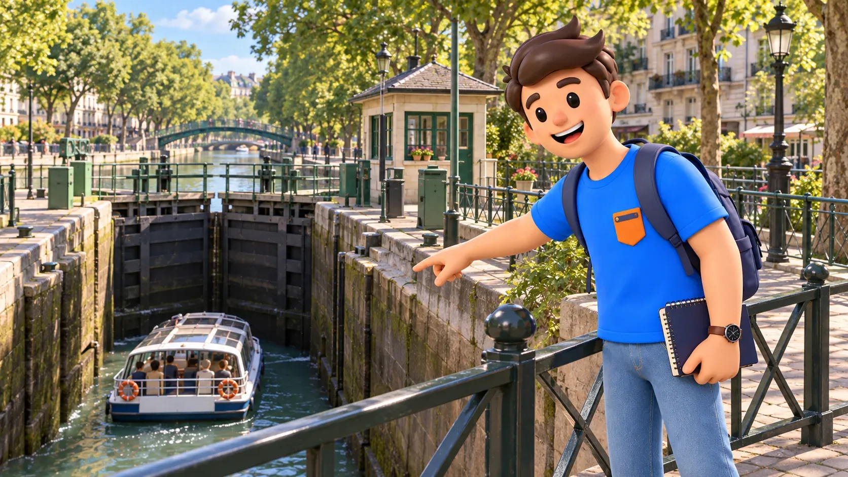 Reisender beobachtet ein Boot in einer Schleuse des Canal Saint-Martin und zeigt auf die Kammer