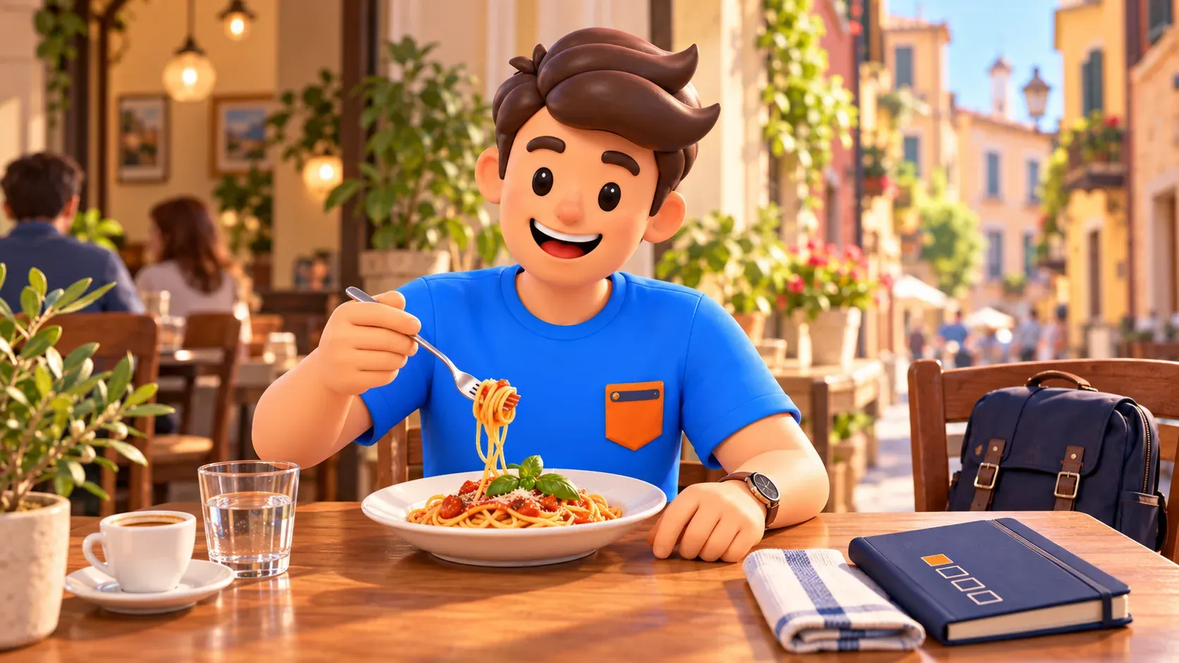 Illustration eines Reisenden beim Spaghetti-Mittagessen mit kleinem Kalender in einem nicht näher bezeichneten Mailänder Café.
