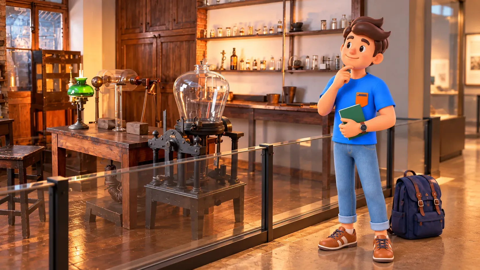 Ilustración de un viajero observando el laboratorio de Faraday y sus instrumentos desde una zona de visitantes separada