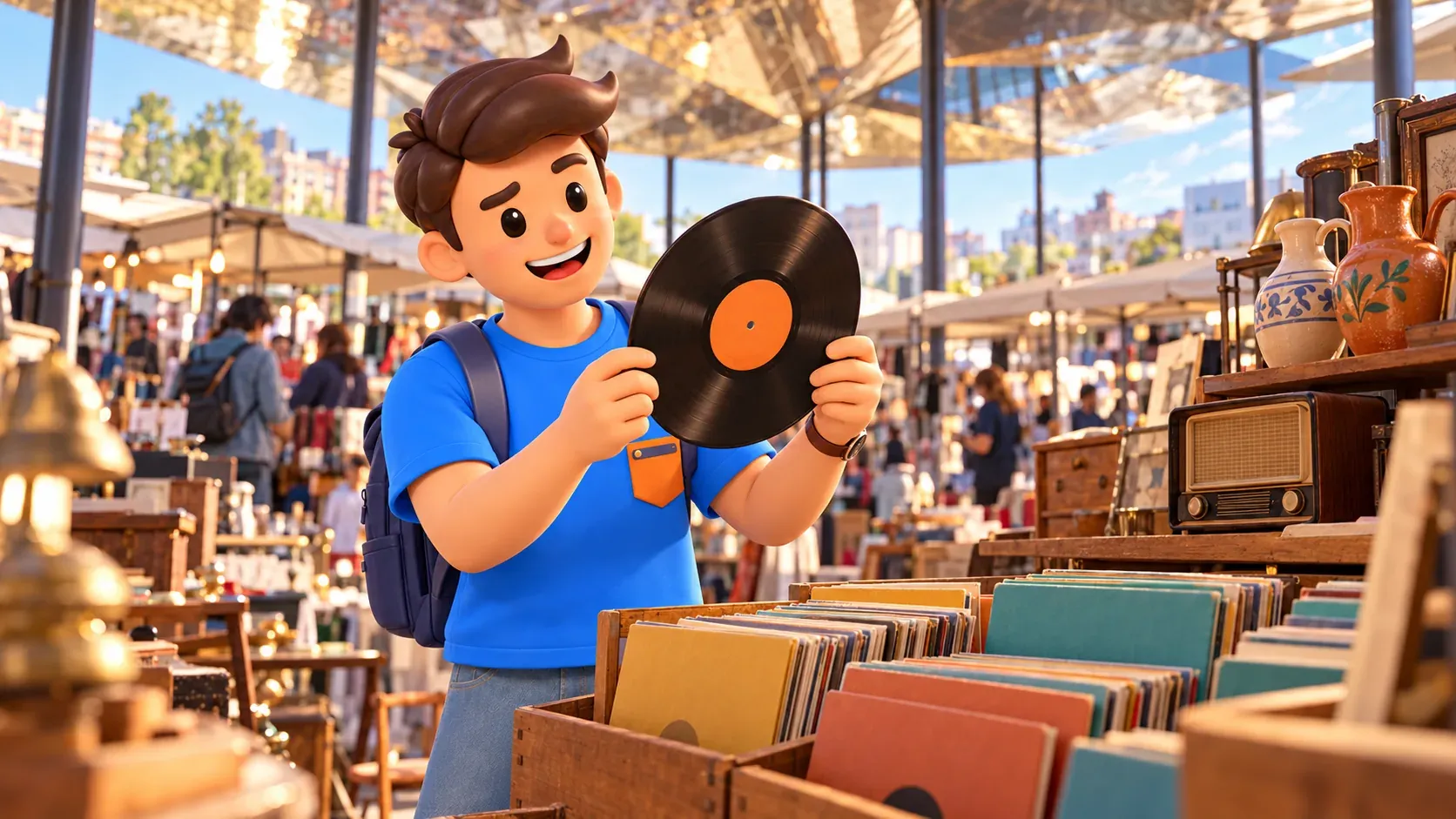 Illustration d’un voyageur avec un disque vinyle devant un étal générique sous la toiture d’Els Encants.