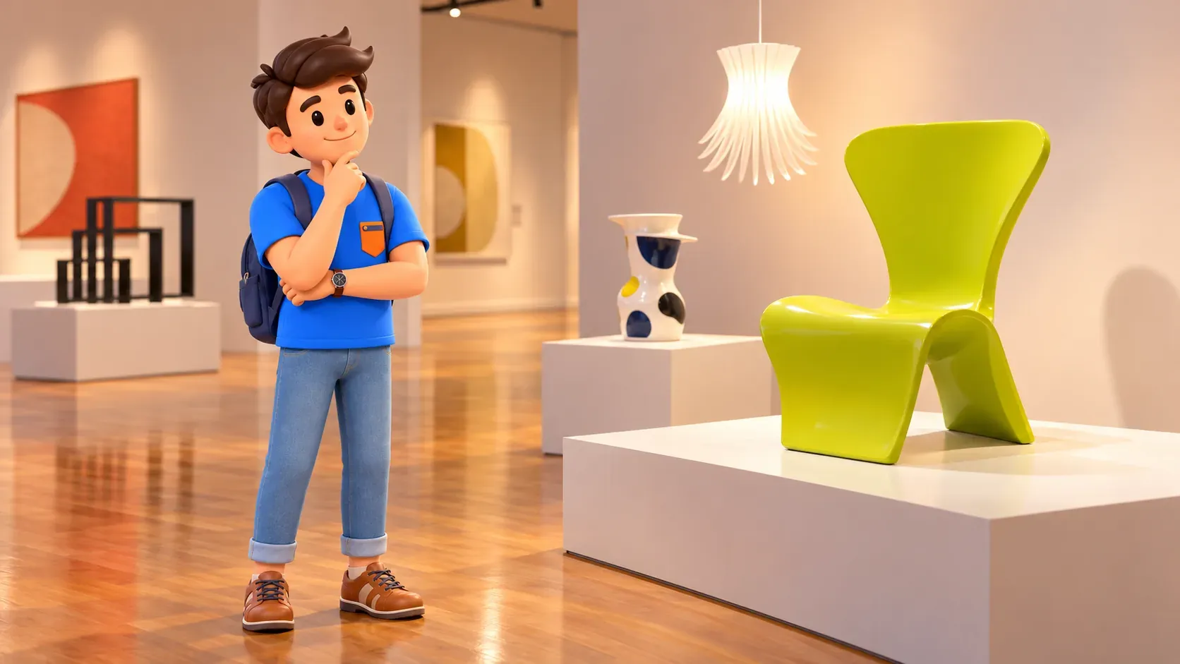 Scène de musée illustrée d’un voyageur observant une chaise de designer verte sur un socle.