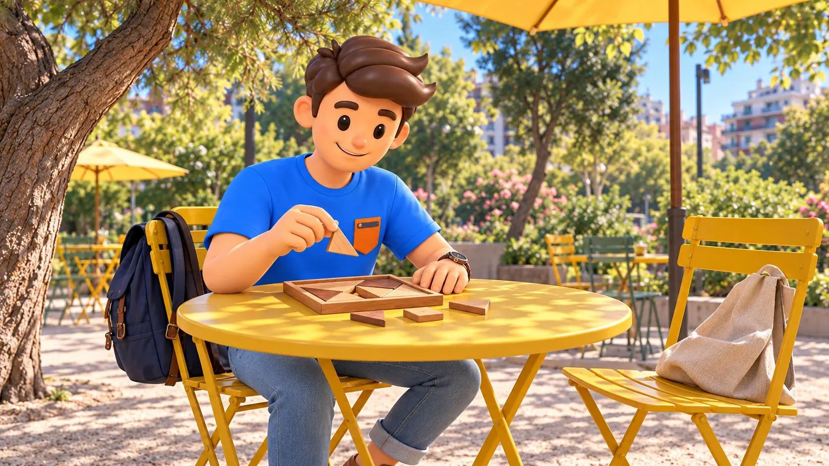 Pause illustrée au parc : un voyageur assemble son propre puzzle en bois sous un parasol jaune.
