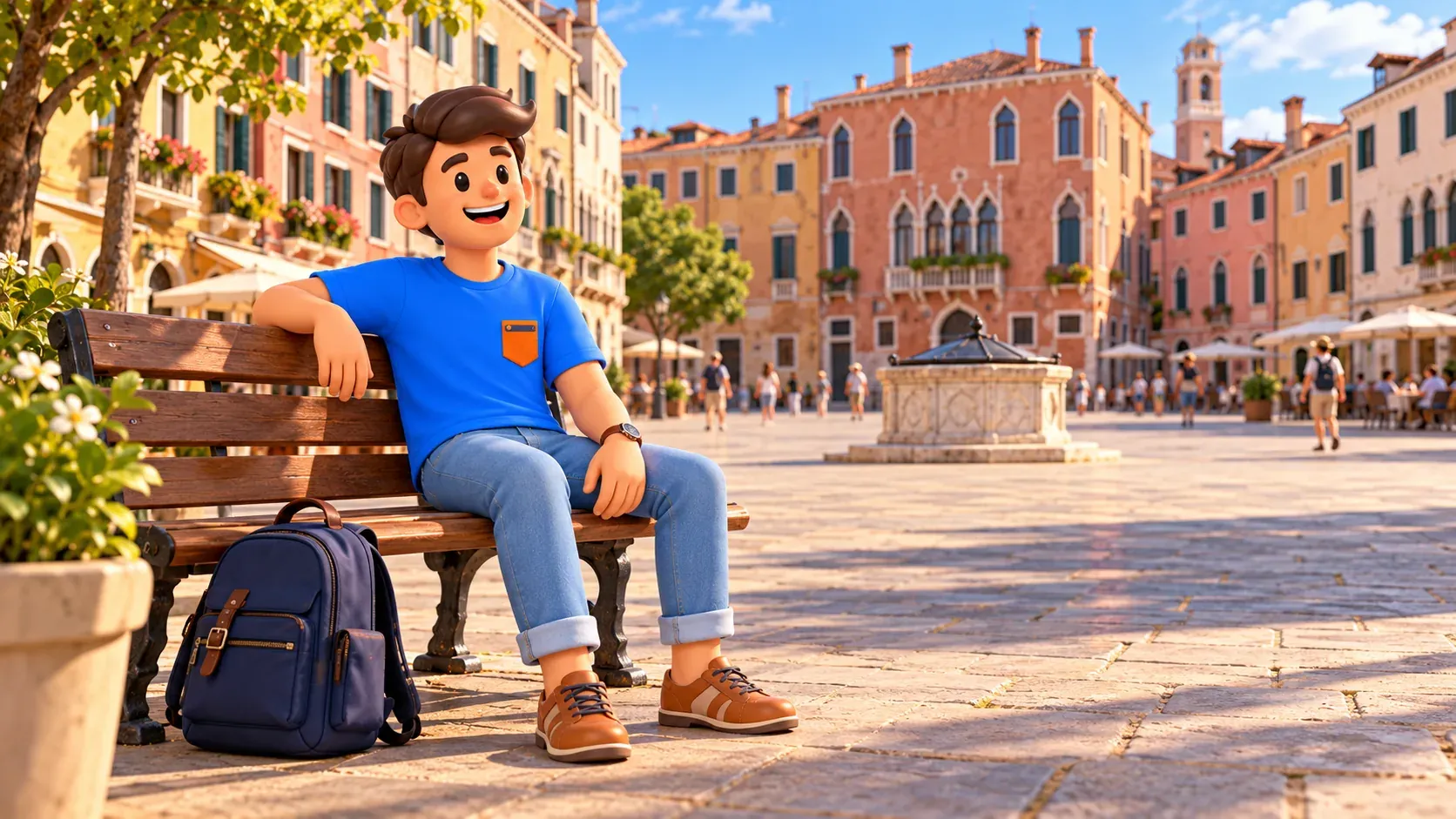 Illustration conceptuelle d’une pause sur un banc au bord d’un vaste campo vénitien